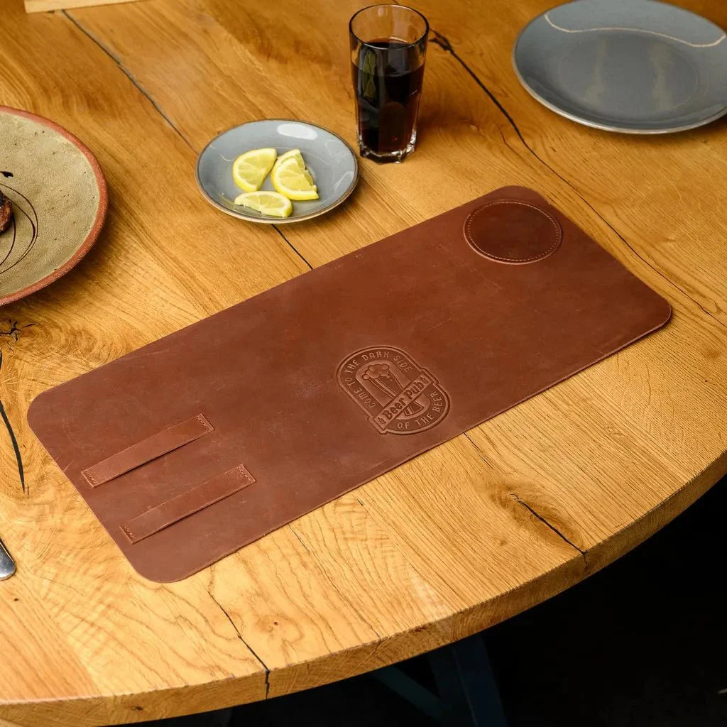 Premium Crazy Horse leather beer placemat with a rustic, distressed finish, offering durability, water resistance, and a stylish touch for your home bar or dining table.