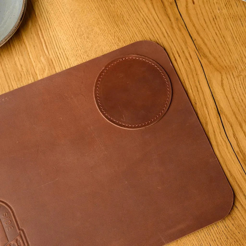 Durable Crazy Horse leather beer mat with a naturally aged patina, providing an elegant, vintage look for bars, man caves, and home dining spaces.