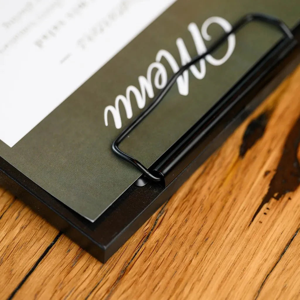 Black Oak Table Stand Menu Holder with black binder (TT408A5) - inkohoreca - shop