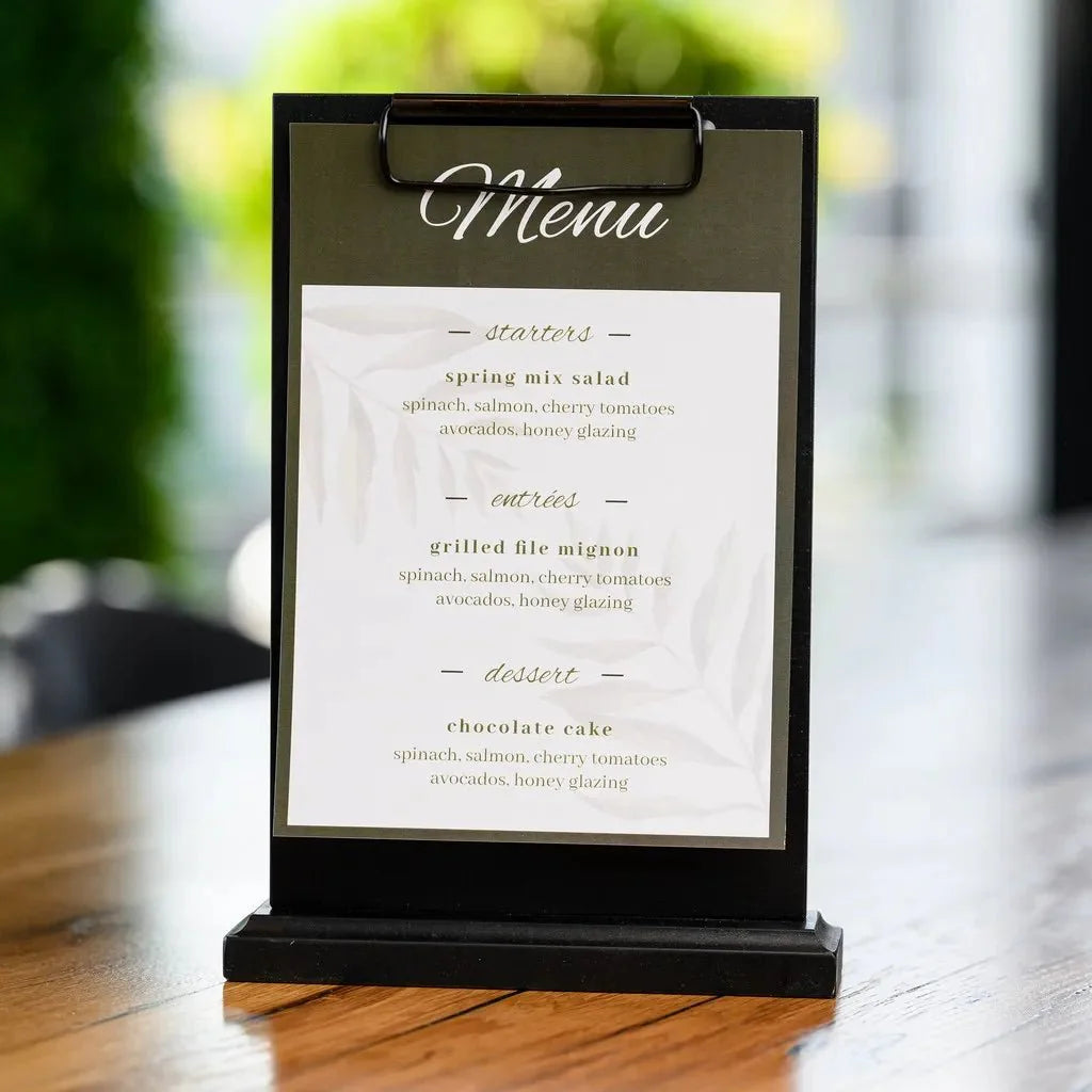 Black Oak Table Stand Menu Holder with black binder (TT408A5) - inkohoreca - shop