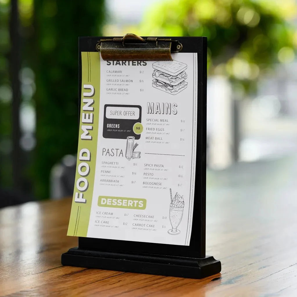 Black Table Stand Menu Holder for A5 sheets with Brass binder (TT402A5) - inkohoreca - shop
