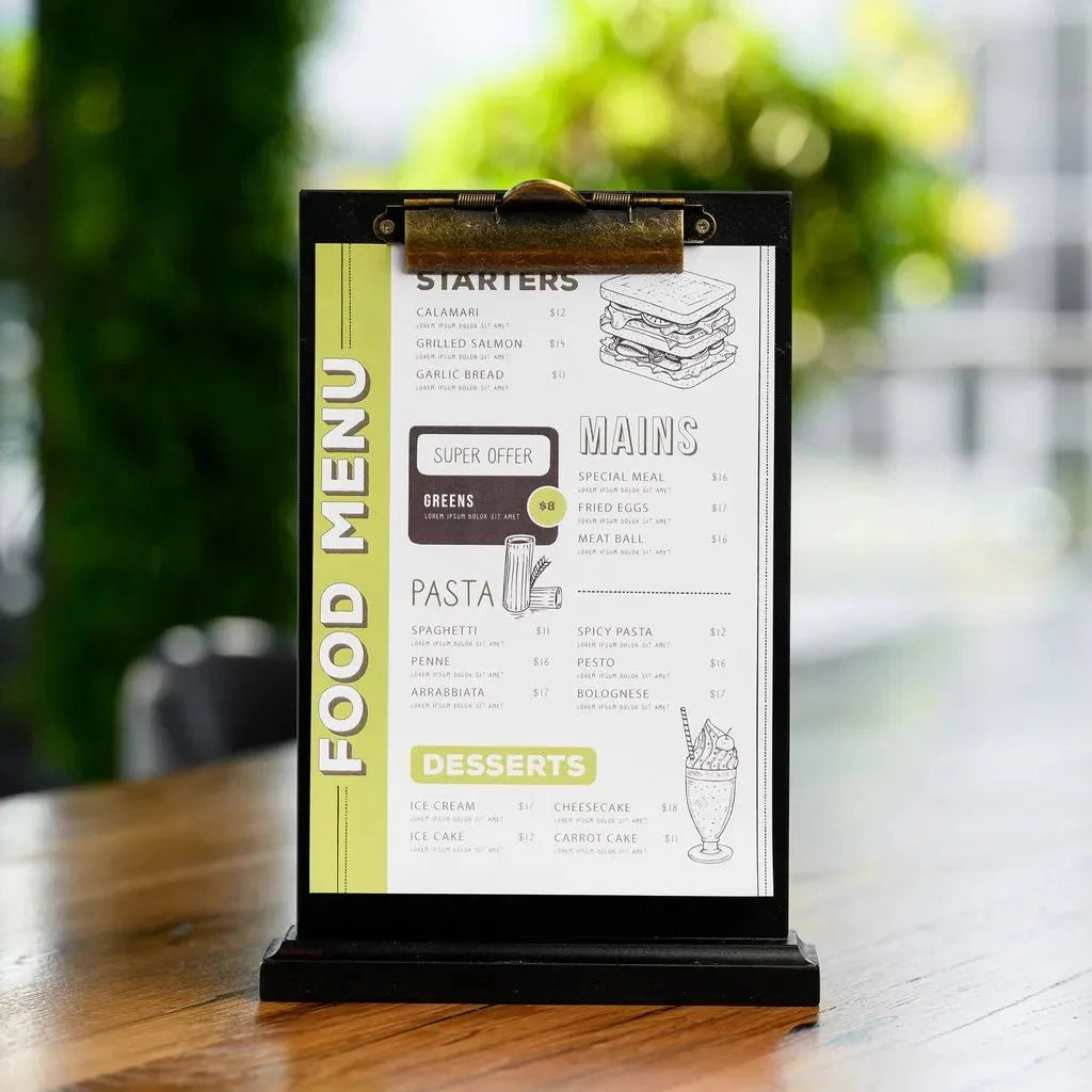 Black Table Stand Menu Holder for A5 sheets with Brass binder (TT402A5) - inkohoreca - shop