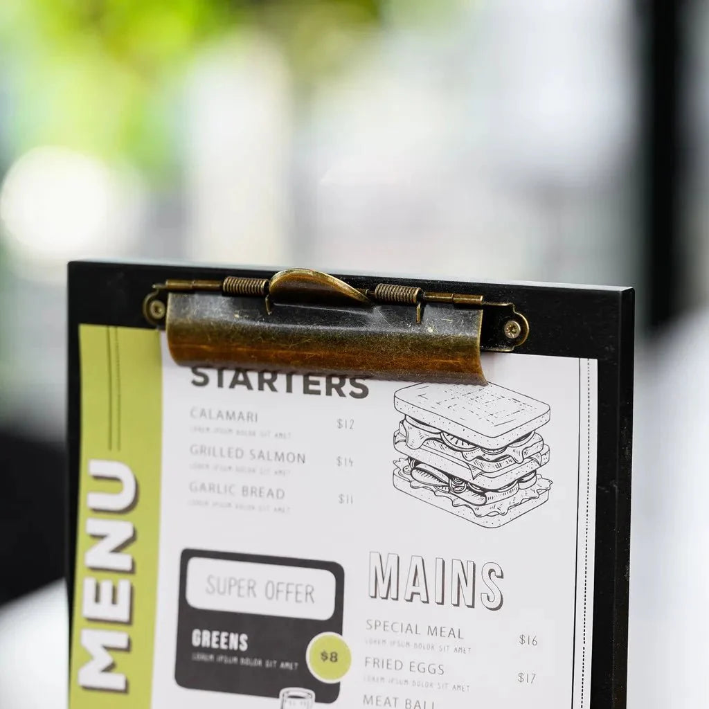 Black Table Stand Menu Holder for A5 sheets with Brass binder (TT402A5) - inkohoreca - shop