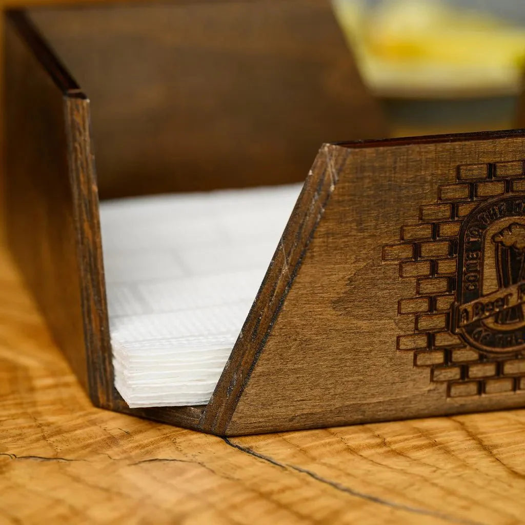 Personalized engraved napkin holder with branding.