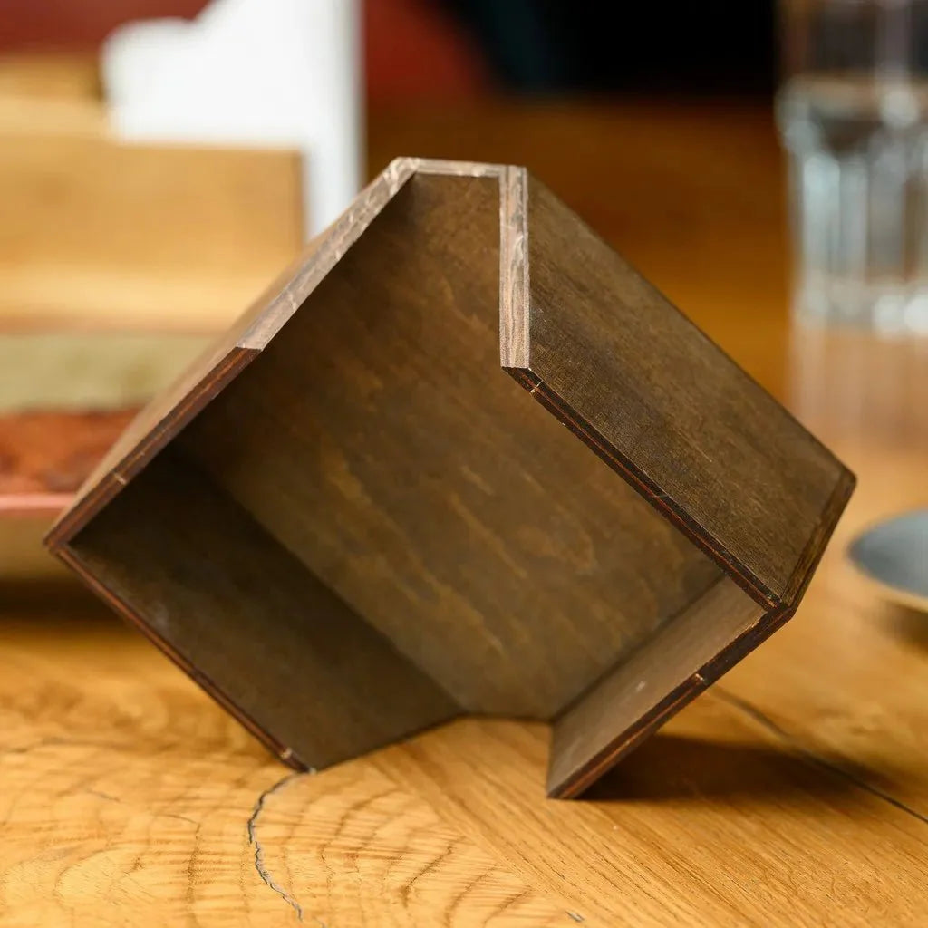 Elegant wooden napkin holder with custom logo engraving.
