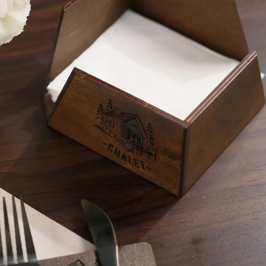 Premium wood napkin caddy for an organized table.