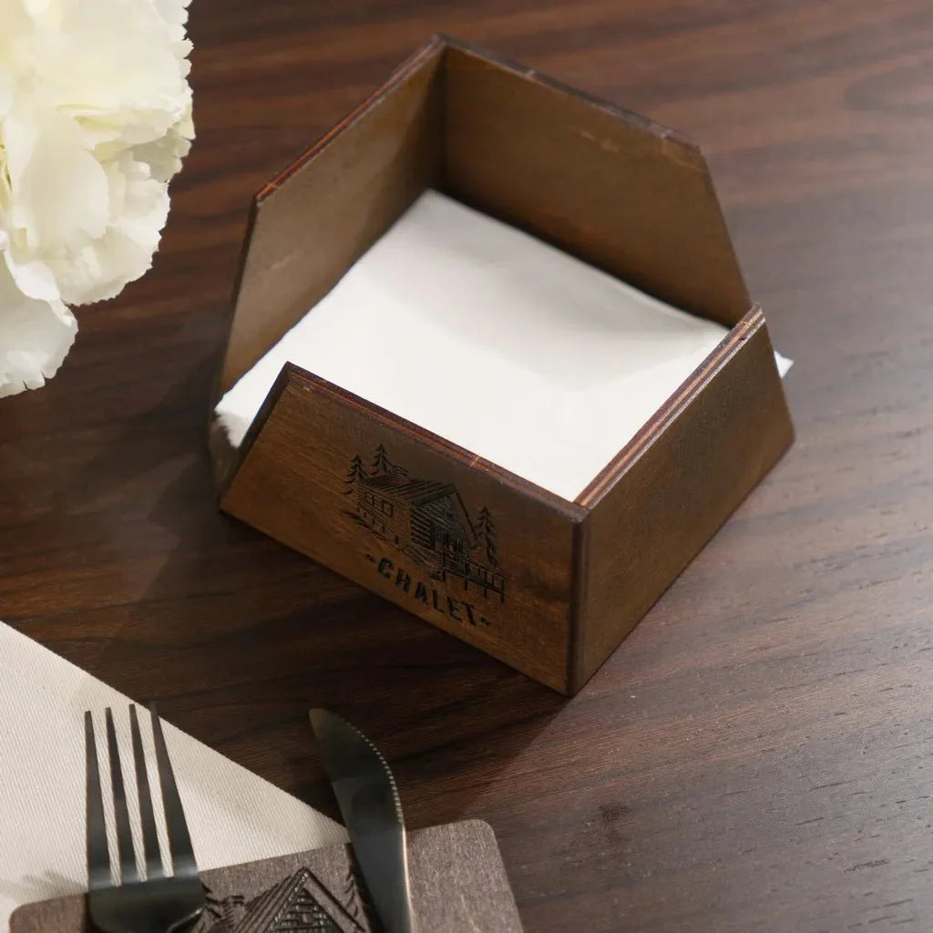 Handcrafted wooden napkin tray with a natural wood grain.