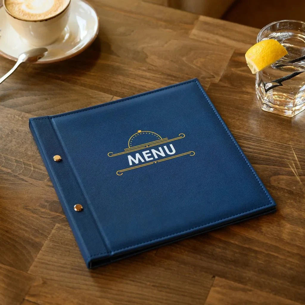 Black Faux Leather Menu Cover with Gold Corners – Classic black faux leather menu holder featuring stylish gold corners, ideal for upscale restaurants and bars looking for a refined touch.