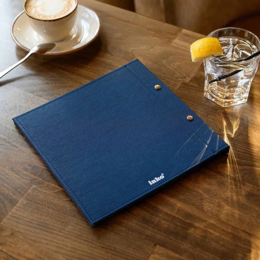 Faux Leather Menu Cover with Embossed Logo Option – Customizable menu holder featuring high-quality faux leather and an option for an embossed logo, creating a professional and branded look.