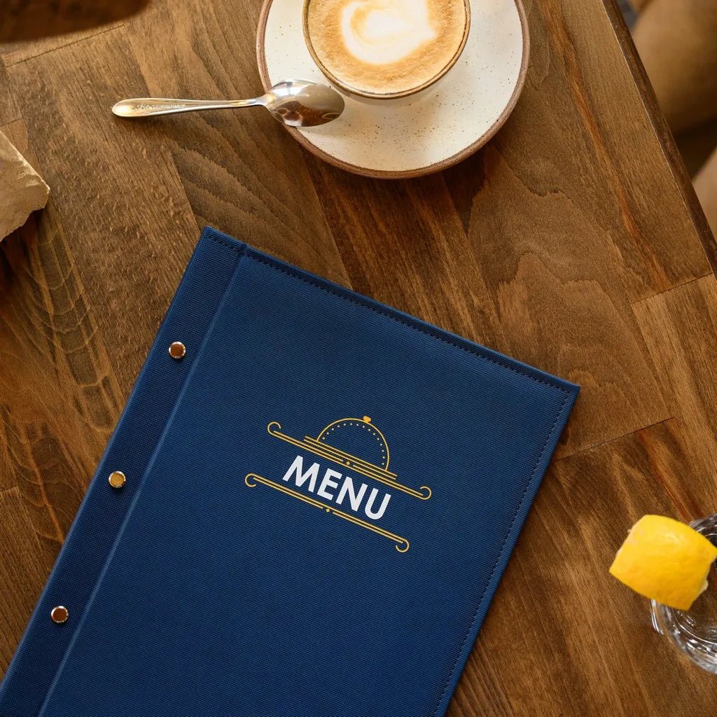 Modern Gray Faux Leather Menu Cover with Clear Plastic Inserts | This gray faux leather menu cover offers a contemporary design with clear plastic inserts, allowing easy menu updates while maintaining a polished, high-end appearance.