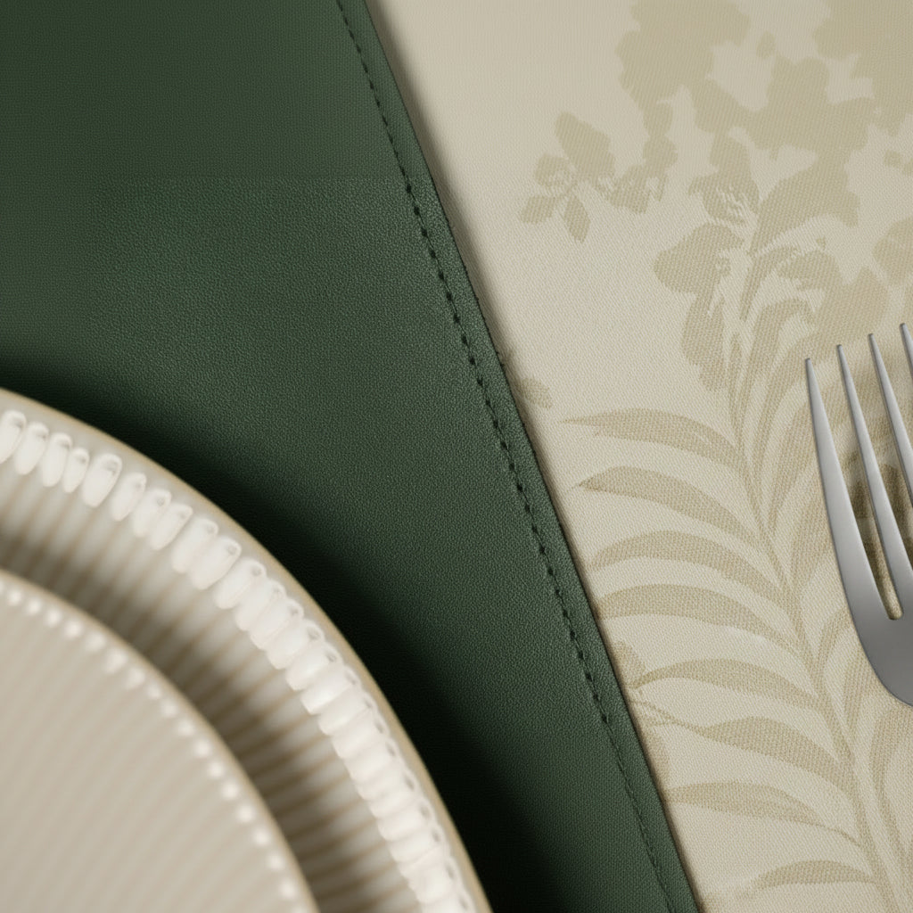 Macro shot of a high-quality green leather placemat with professional stitching, paired with elegant white dinnerware and floral botanical textiles