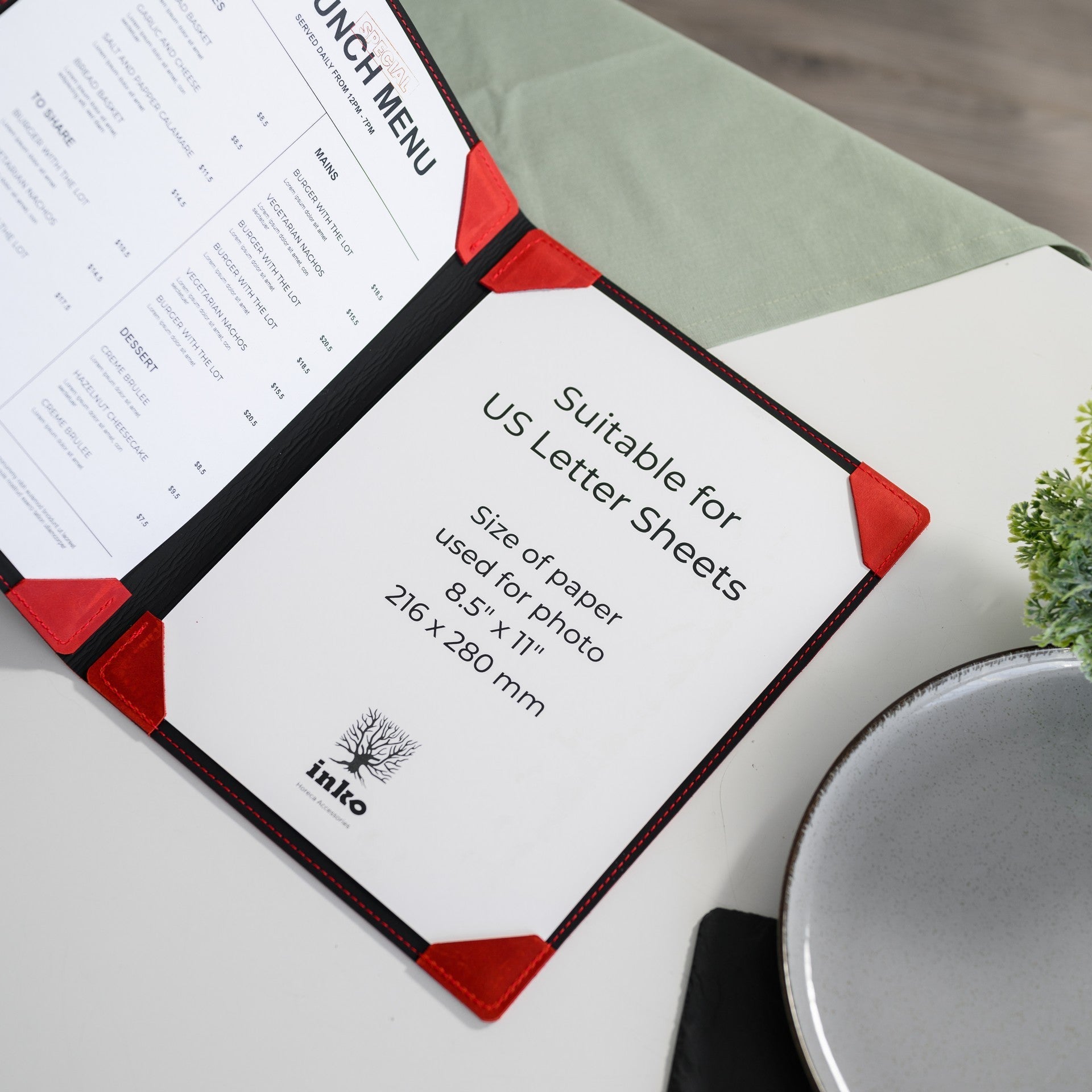 Hardcover Leather Menu Folder with Corner Mountings suitable for US Letter Sheets (LM08A2) - inkohoreca - shop