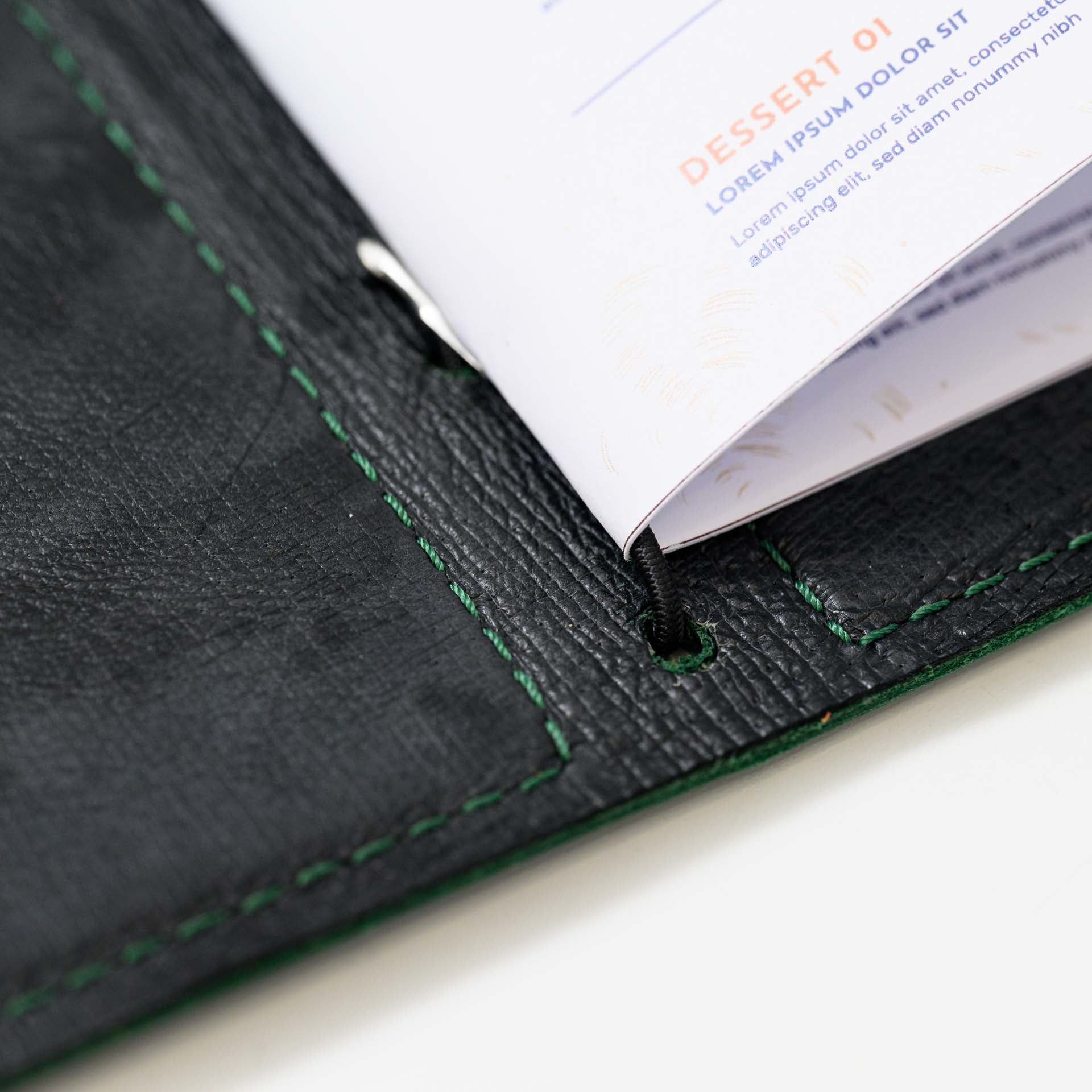 Hardcover Leather Menu Folder with Rubber Strip for A4 sheet / US Letter Sheet folded in a half (LM09A5) - inkohoreca - shop