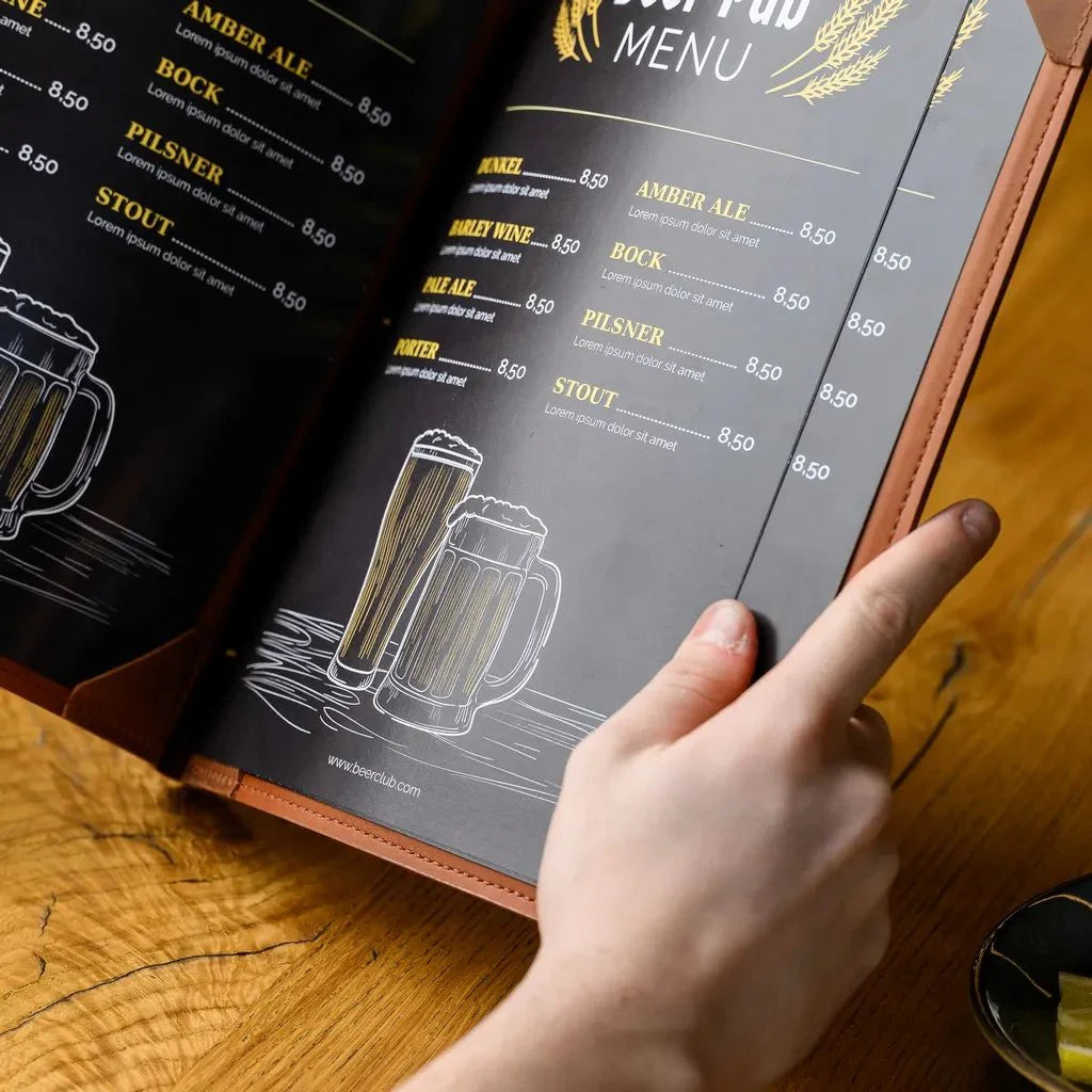 Luxury custom menu covers with refined leather texture.