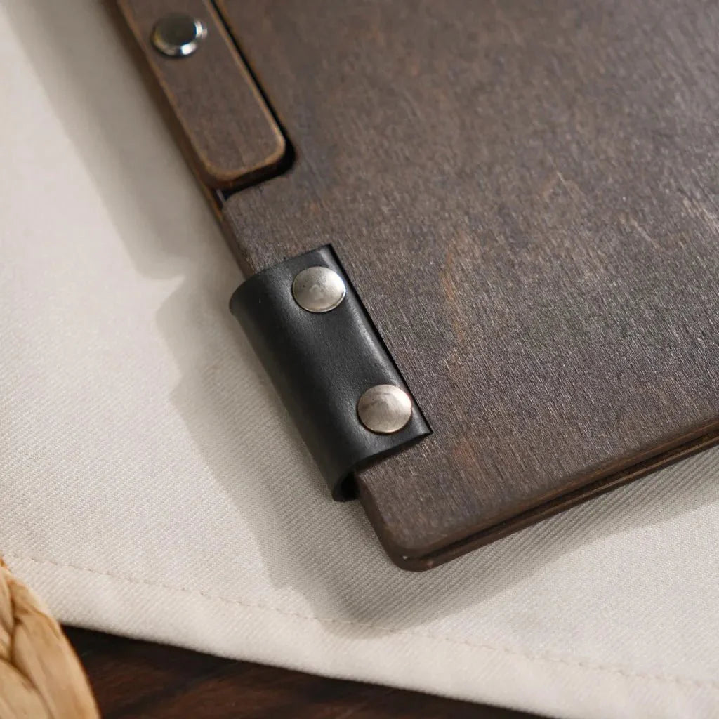 Durable wooden menu cover with logo for branding.