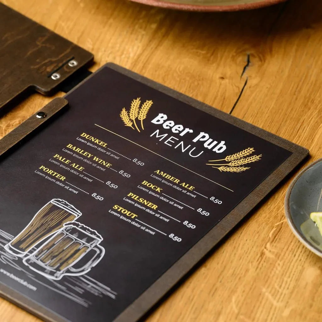 Custom restaurant wooden menu cover for a sophisticated look.