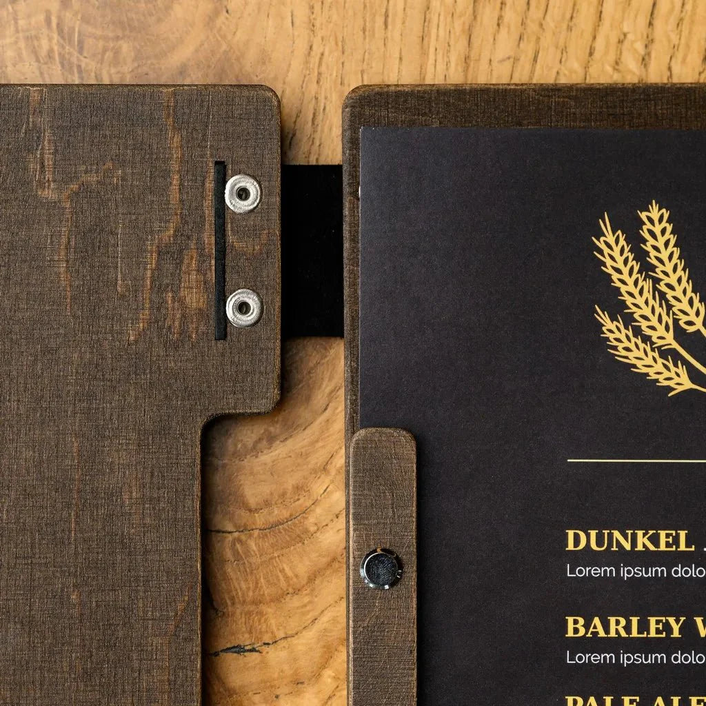 Elegant wooden menu sleeves for restaurants with precision craftsmanship.