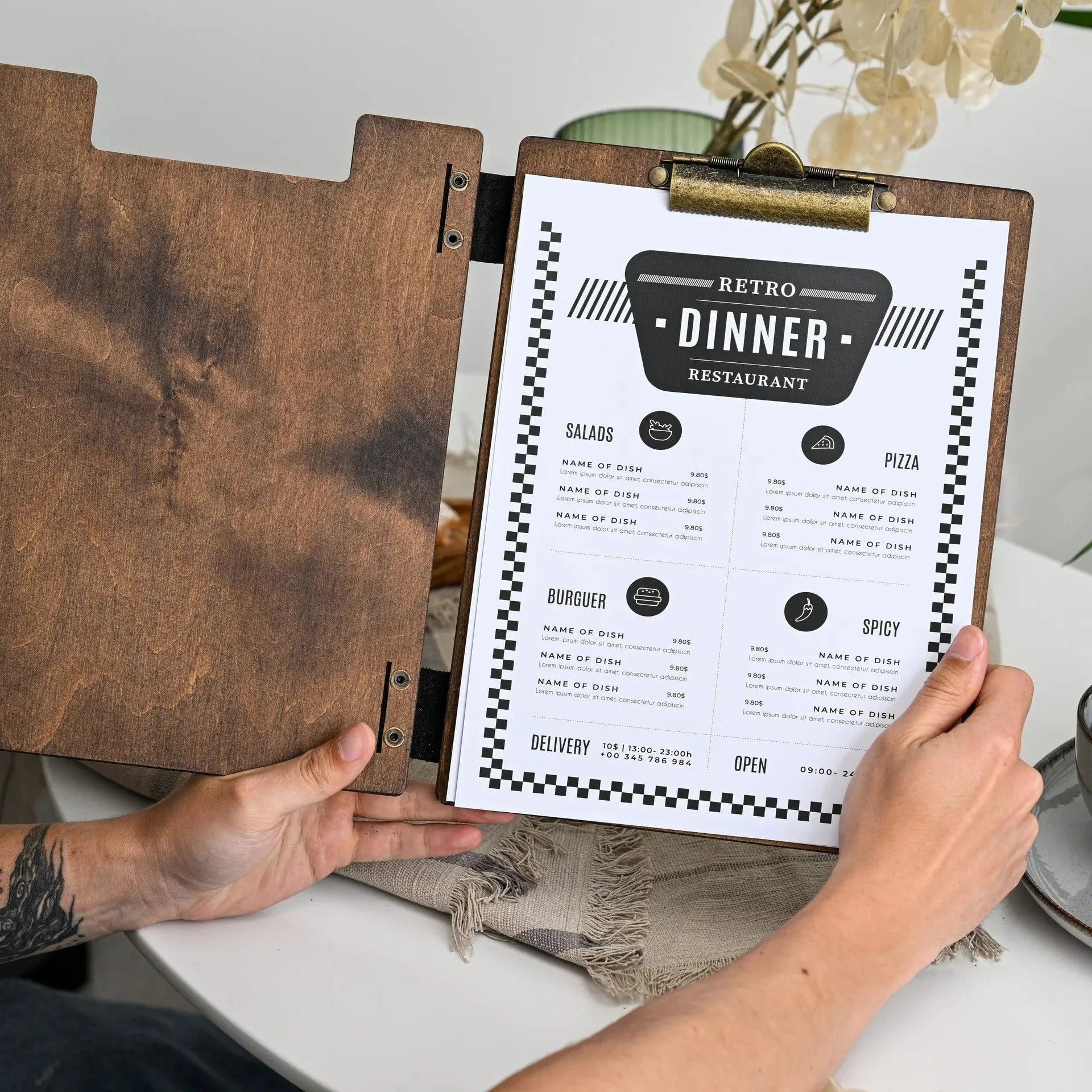 Hardcover Wooden Menu Holder with Metal Binder (PM07A2) - inkohoreca - shop
