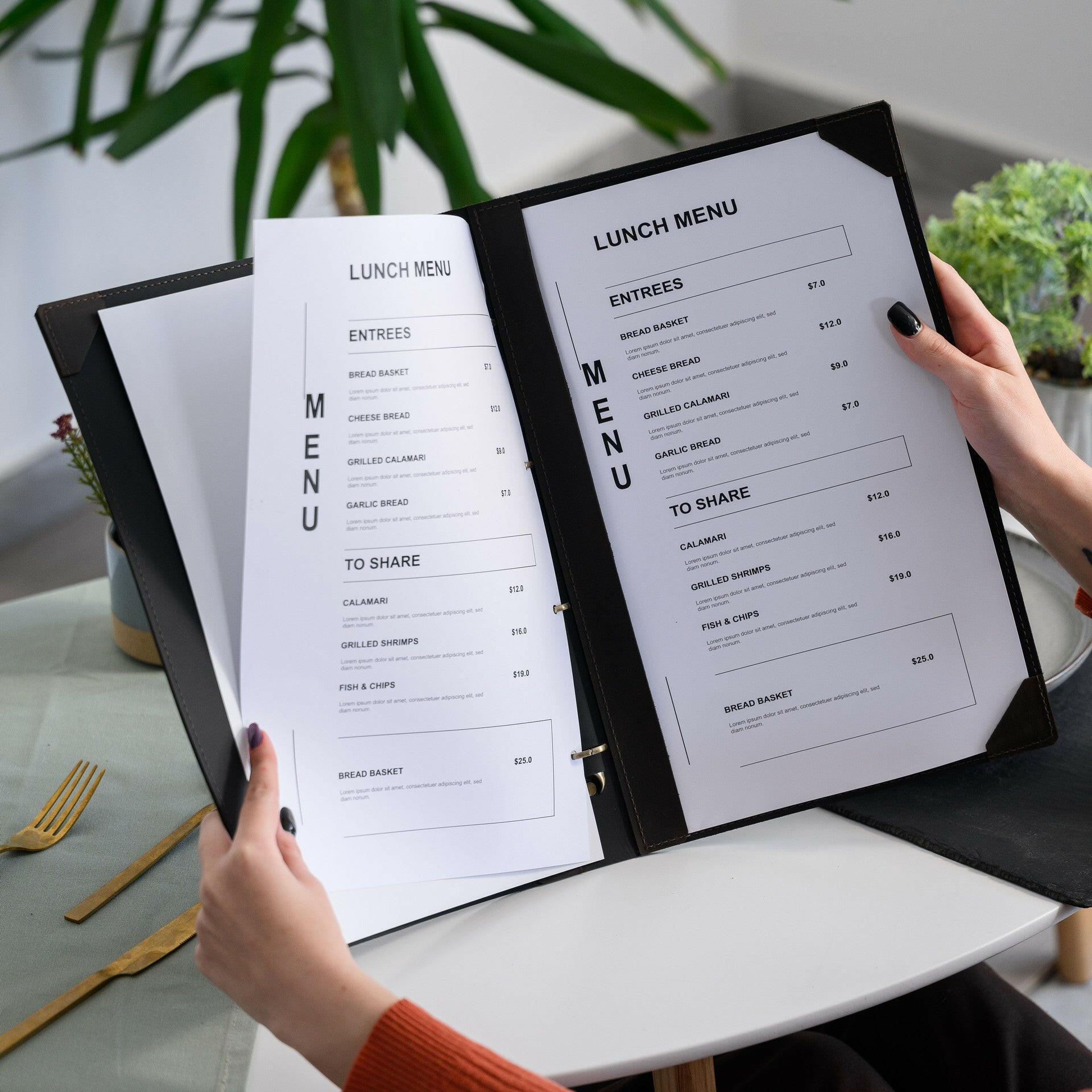Leather Menu Folder with Brass Ring Binder and Corner Mountings suitable for US Legal Sheets (LM11A1) - inkohoreca - shop