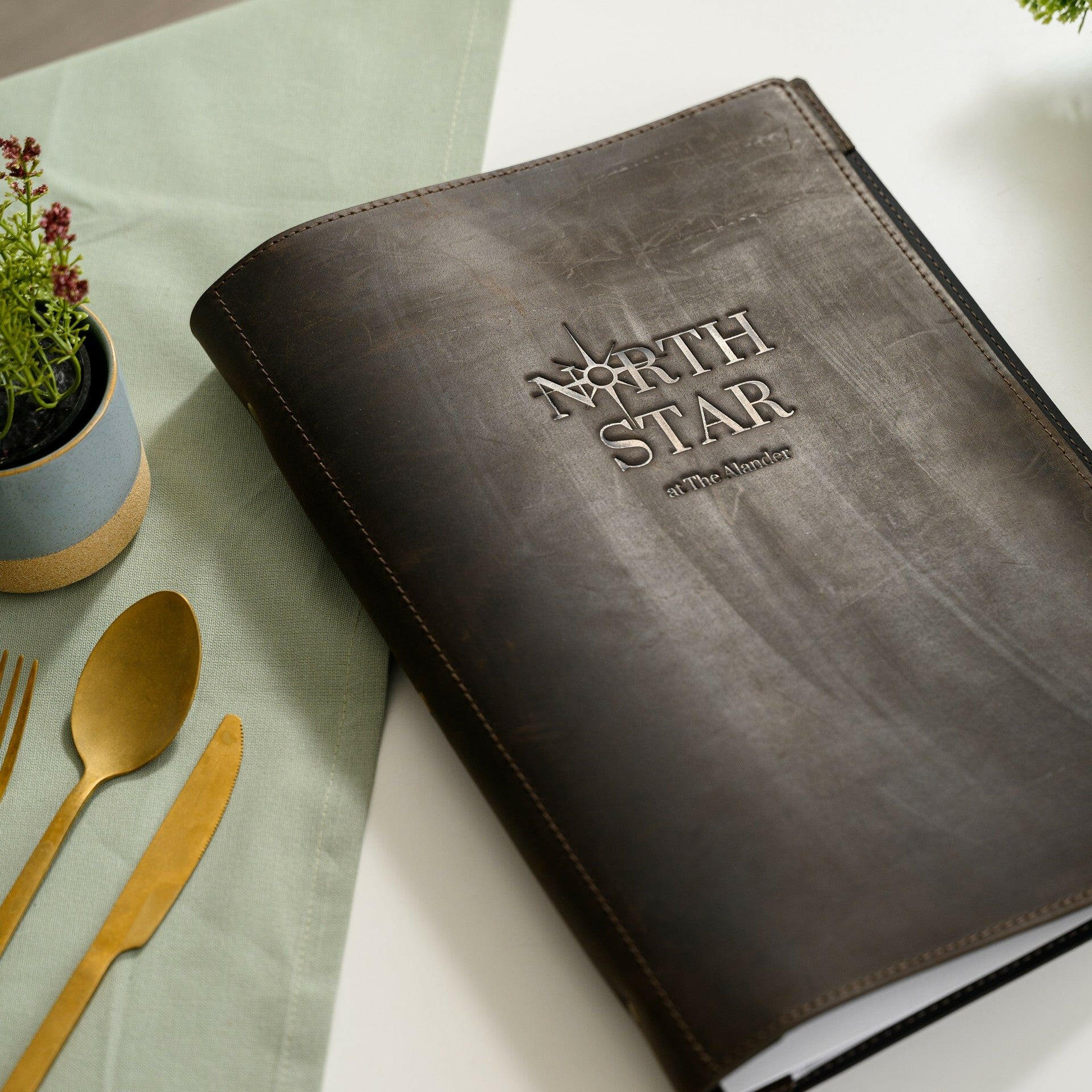 Leather Menu Folder with Brass Ring Binder and Corner Mountings suitable for US Legal Sheets (LM11A1) - inkohoreca - shop