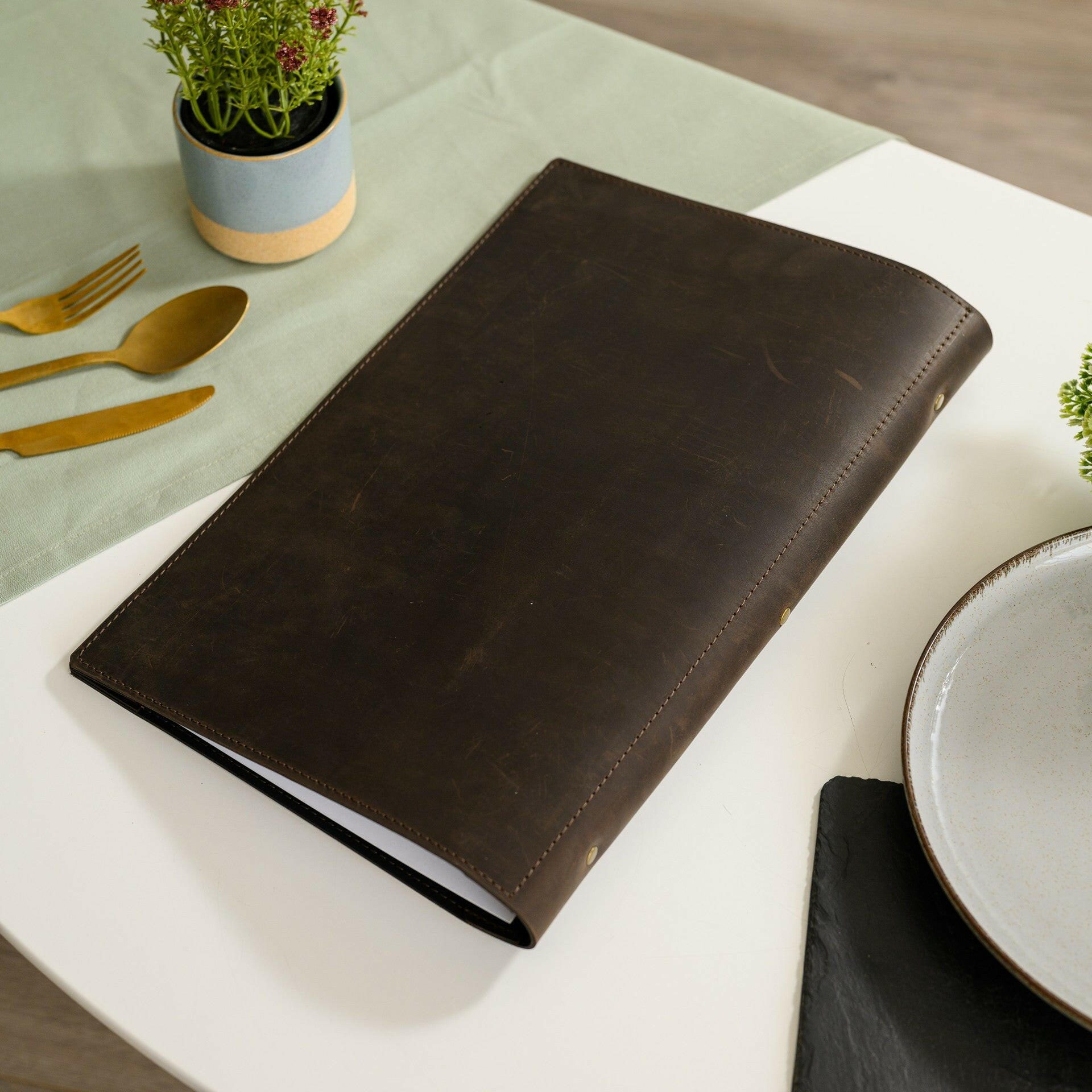 Leather Menu Folder with Brass Ring Binder and Corner Mountings suitable for US Legal Sheets (LM11A1) - inkohoreca - shop