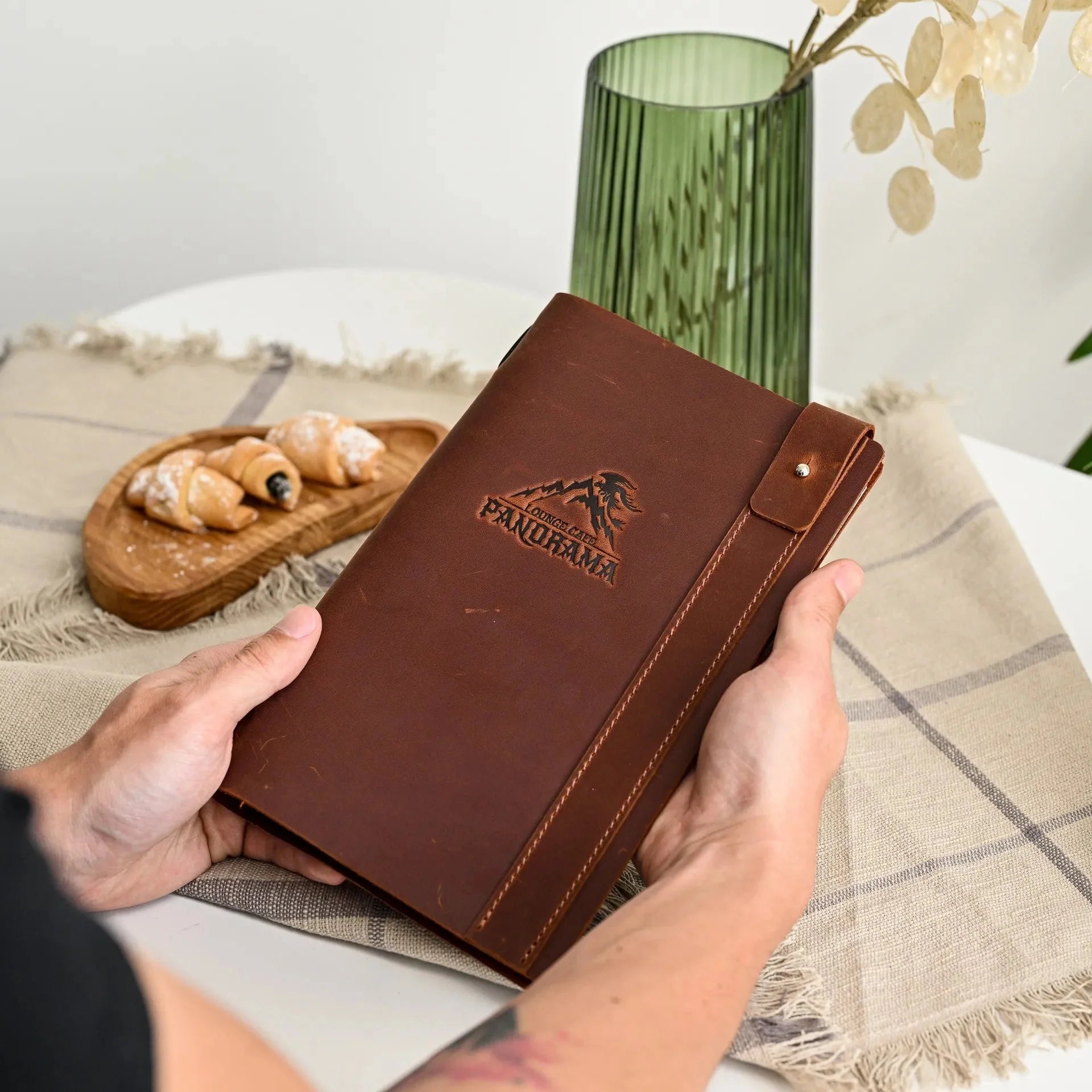 Leather Menu Holder with Holster Screw and Rubber String fixing with Crazy Horse leather (LM07A5) - inkohoreca - shop