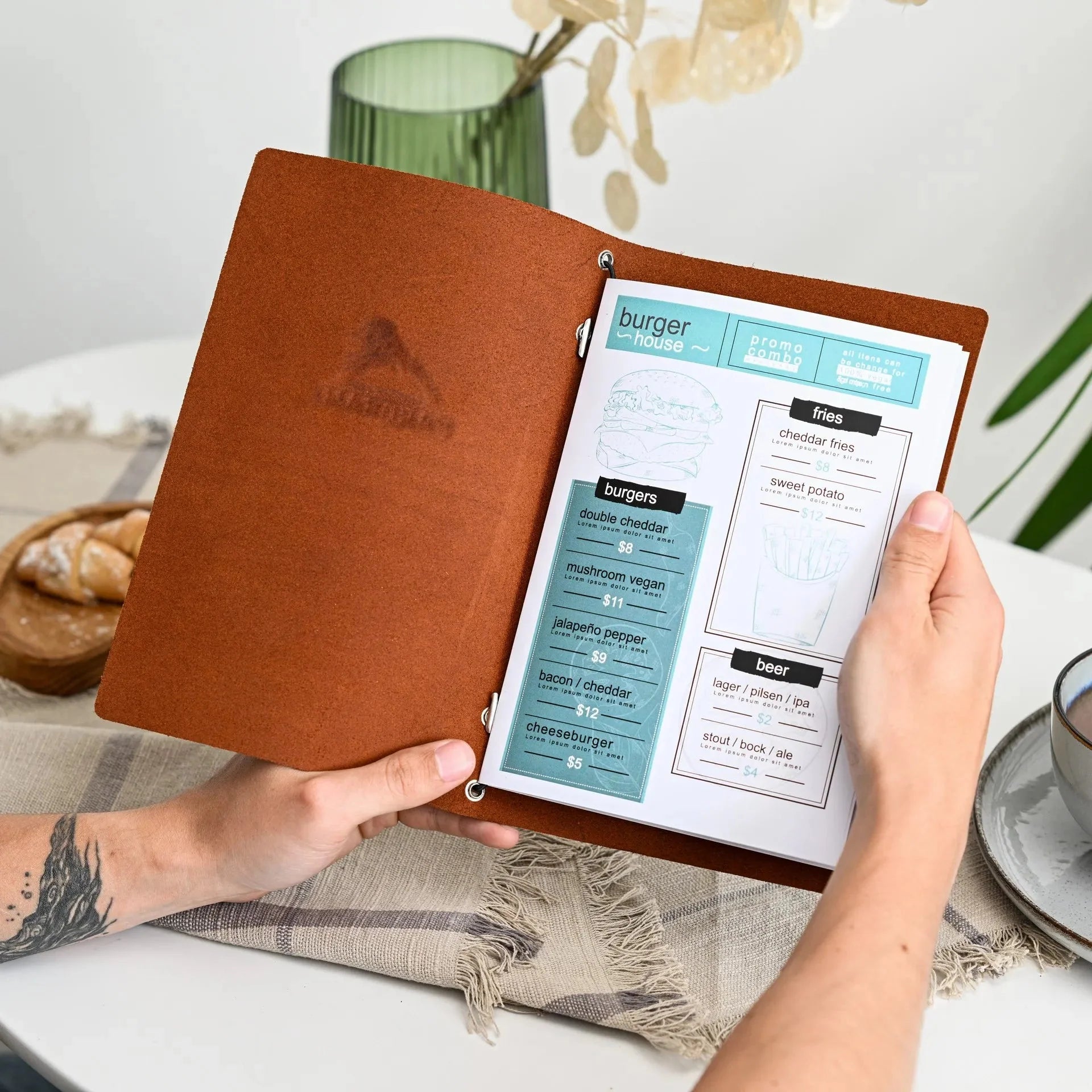 Leather Menu Holder with Rubber String fixing with Crazy Horse leather (LM06A5) - inkohoreca - shop