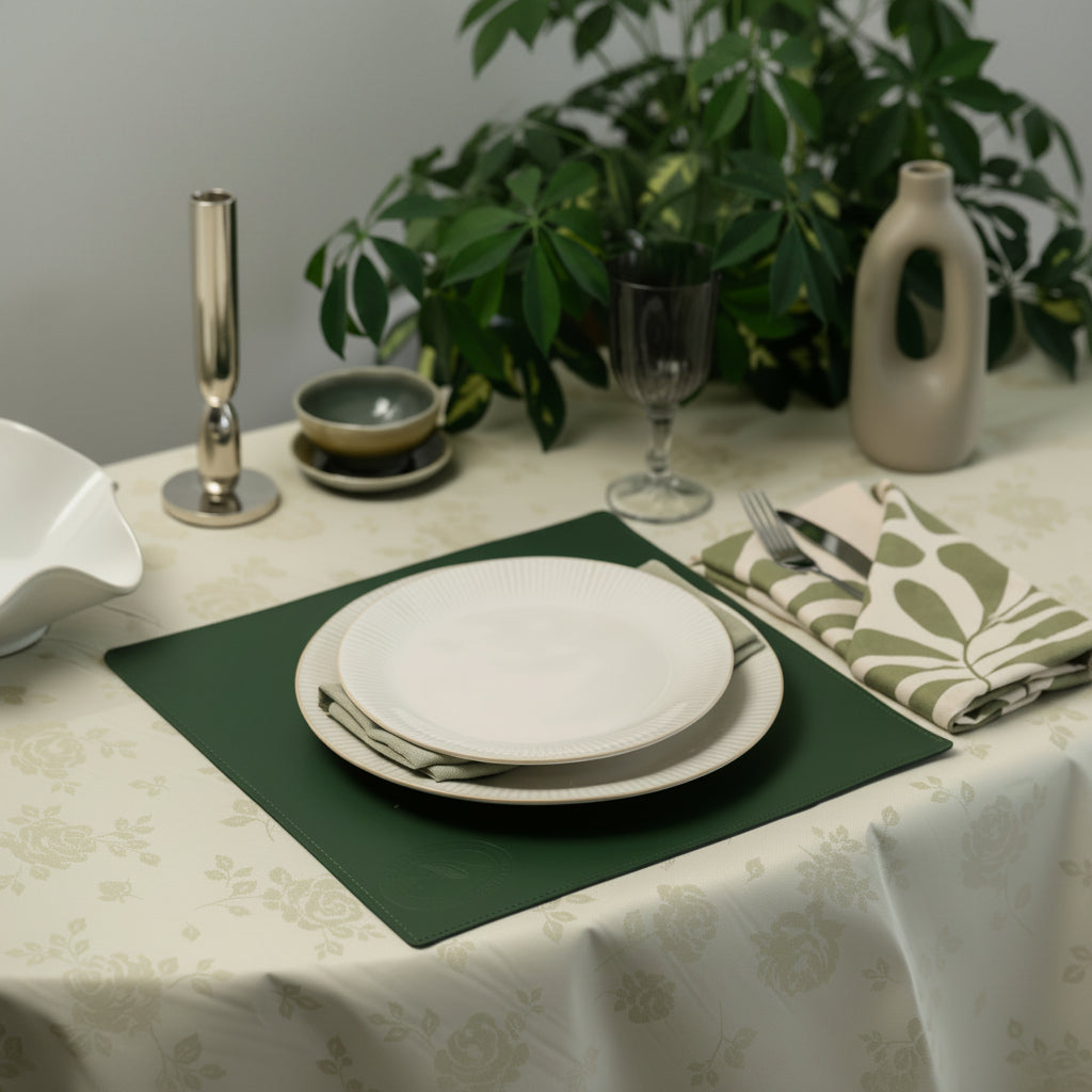 Premium dark green square faux leather table mat, meticulously stitched for a modern and precise dining table setup, perfect forrestaurants, cafes, hotels, and home dining