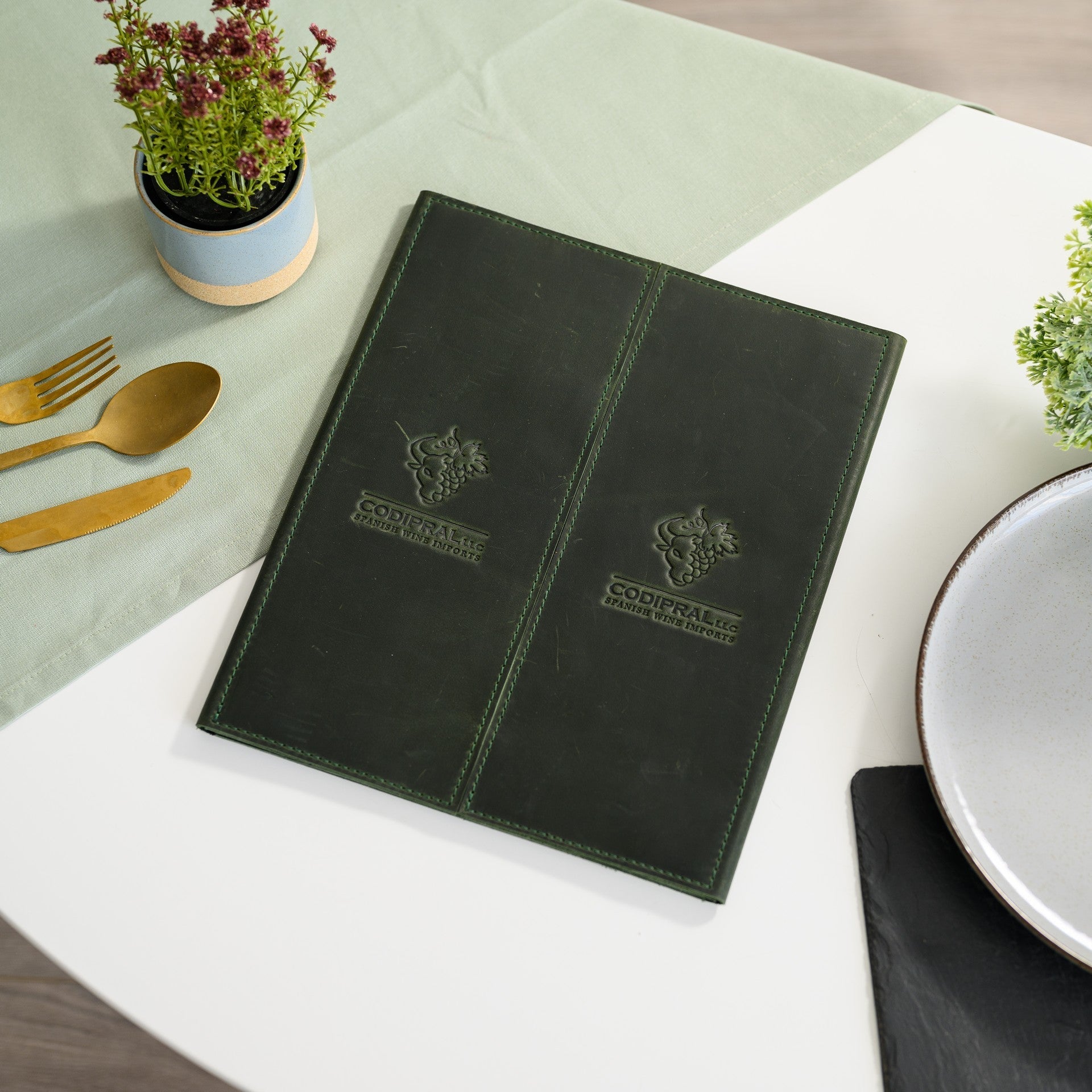 Leather Trifold Menu Holder with one field for US Letter Sheet and two fields for Half of Letter (LM17A2) - inkohoreca - shop