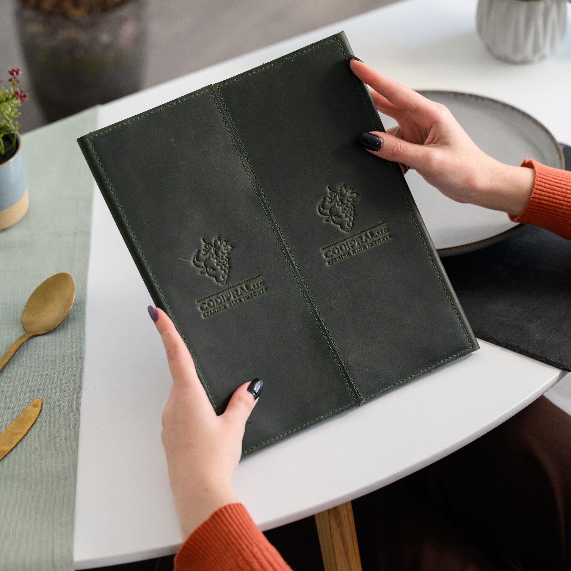 Leather Trifold Menu Holder with one field for US Letter Sheet and two fields for Half of Letter (LM17A2) - inkohoreca - shop