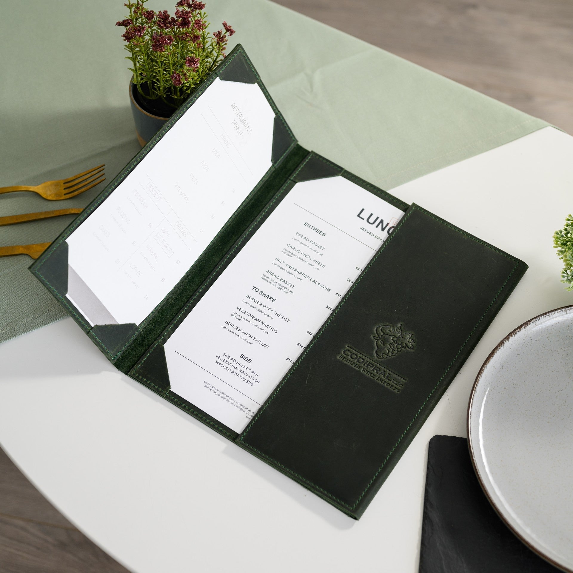 Leather Trifold Menu Holder with one field for US Letter Sheet and two fields for Half of Letter (LM17A2) - inkohoreca - shop
