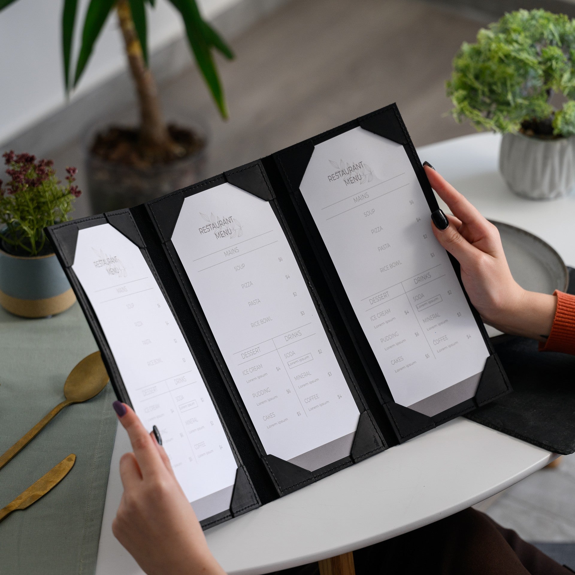 Leather Trifold Menu Holder with Three fields and Magnetic Snap (LM16A2) - inkohoreca - shop