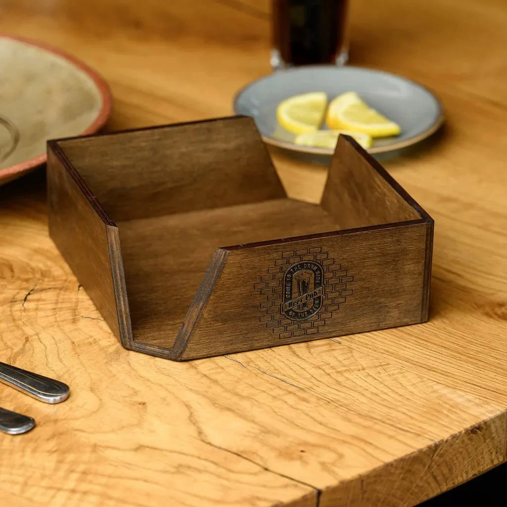 Customizable wood napkin holder for branding.