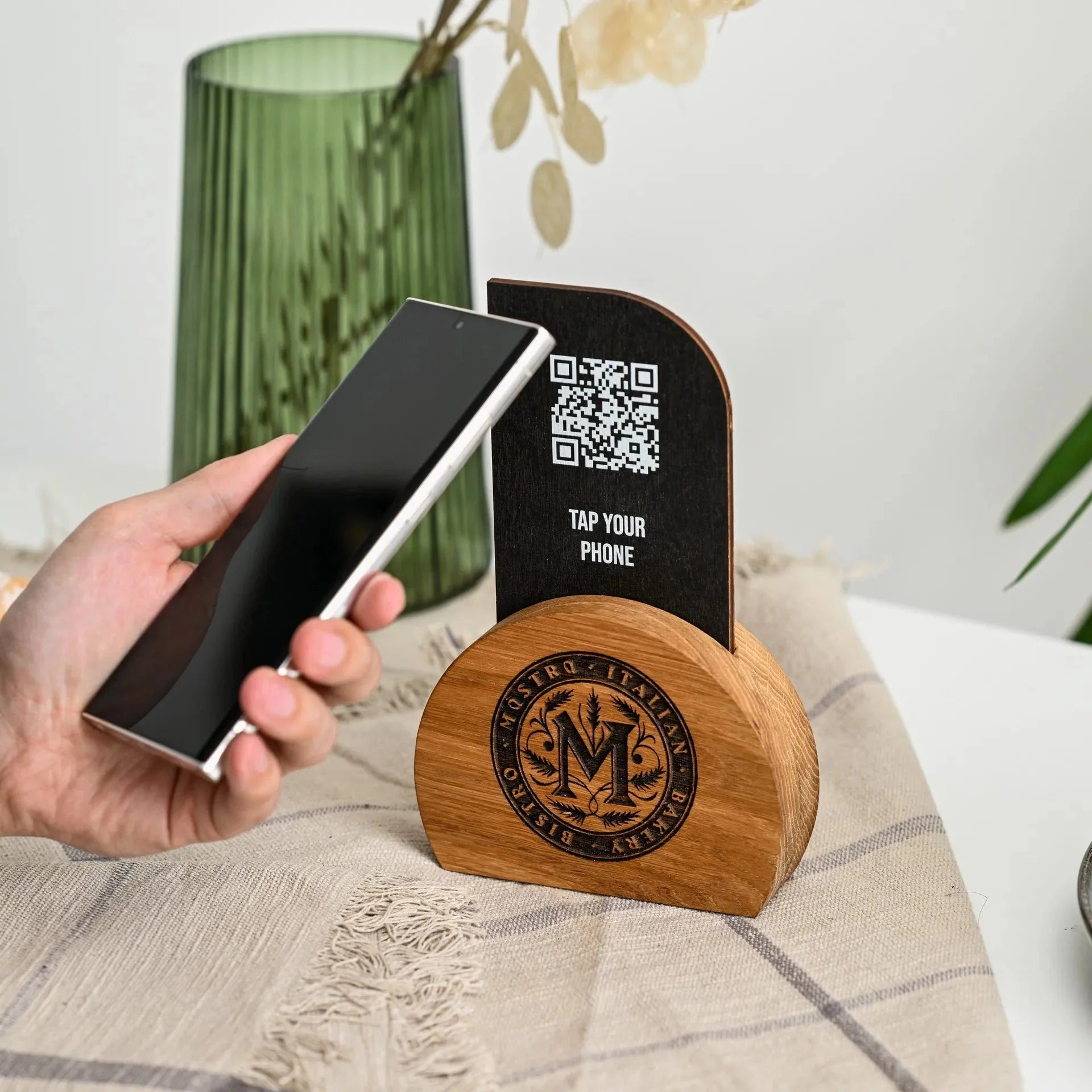 NFC Tag and QR Code Sign at Wooden Stand (NW03) - inkohoreca - shop
