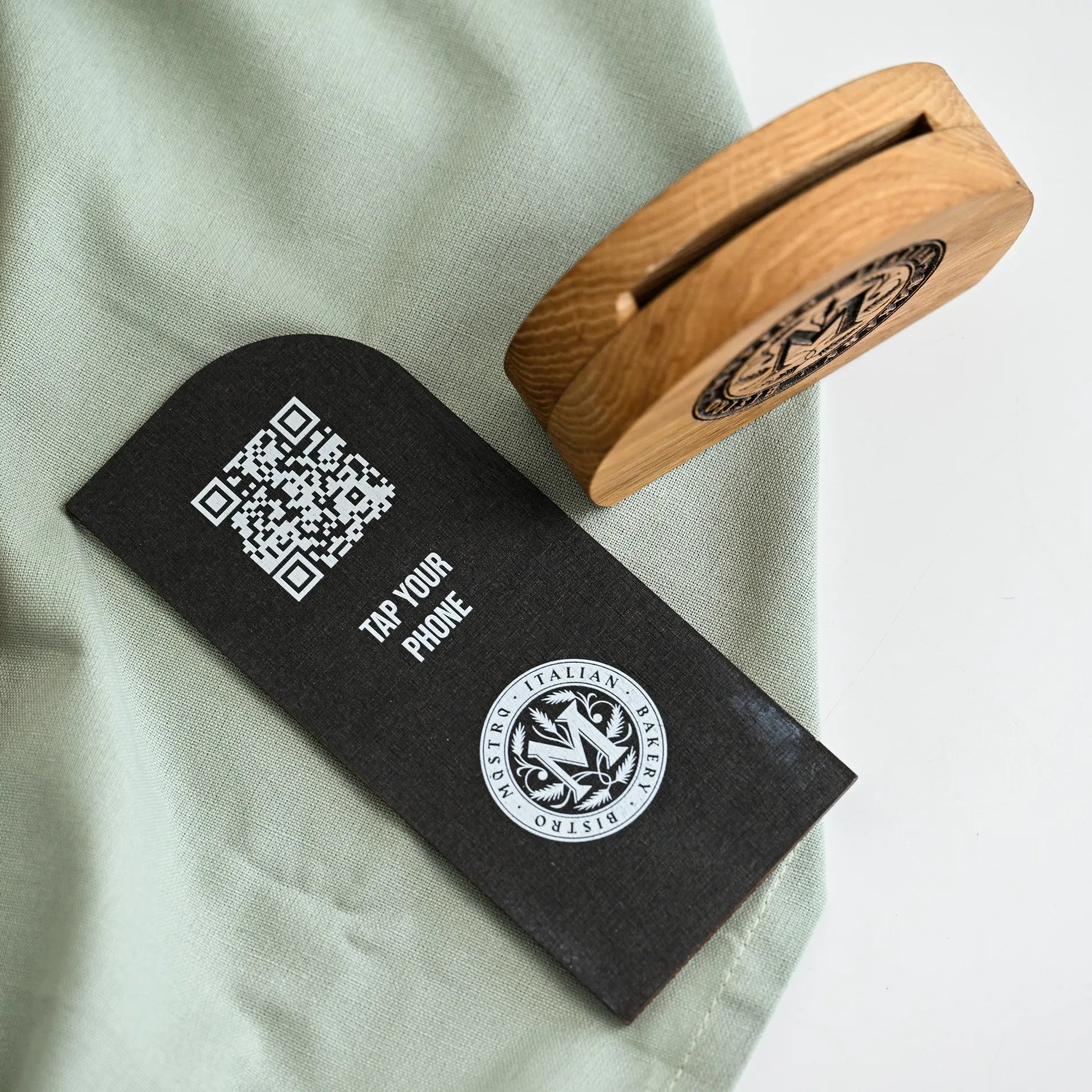 NFC Tag and QR Code Sign at Wooden Stand (NW03) - inkohoreca - shop