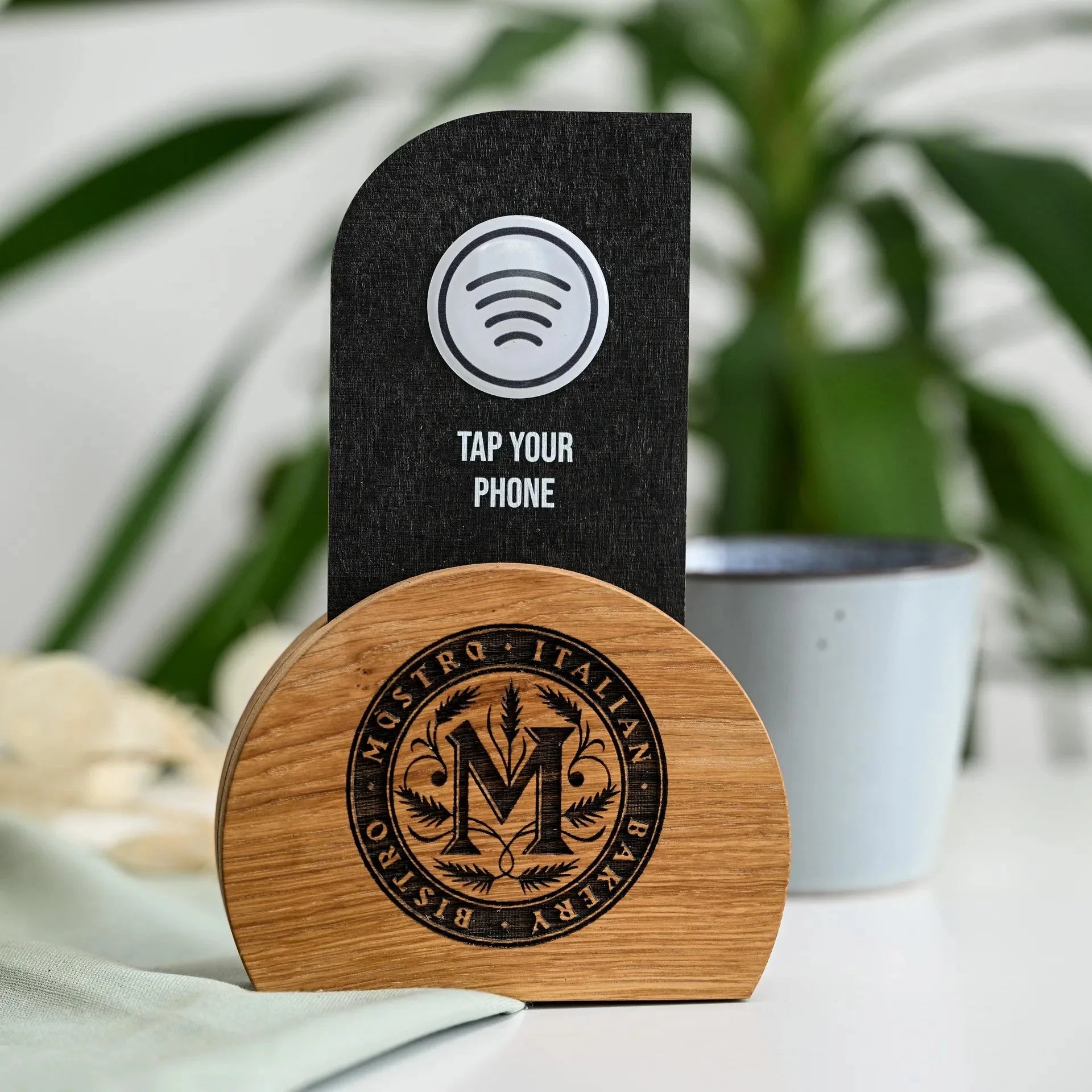 NFC Tag and QR Code Sign at Wooden Stand (NW03) - inkohoreca - shop