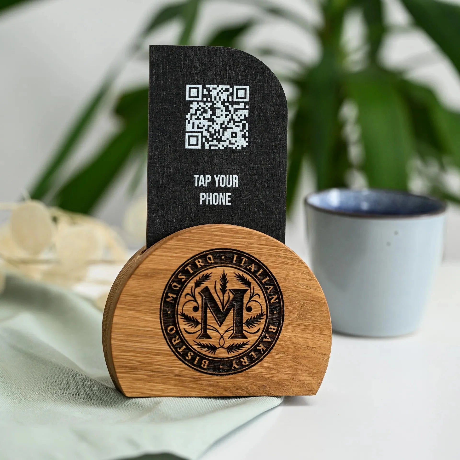 NFC Tag and QR Code Sign at Wooden Stand (NW03) - inkohoreca - shop
