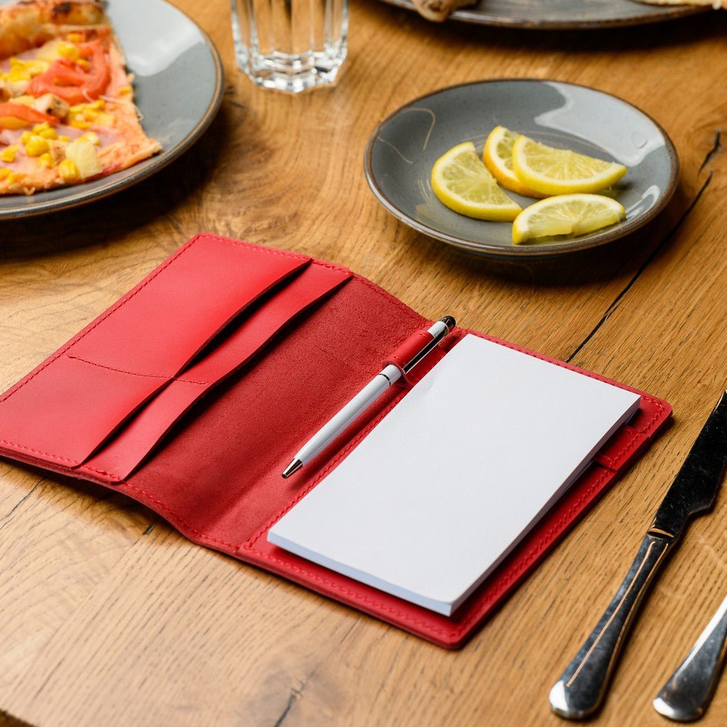 Professional Capri leather waiter’s notepad with a smooth finish, ideal for keeping order slips, notes, and reminders secure during shifts.