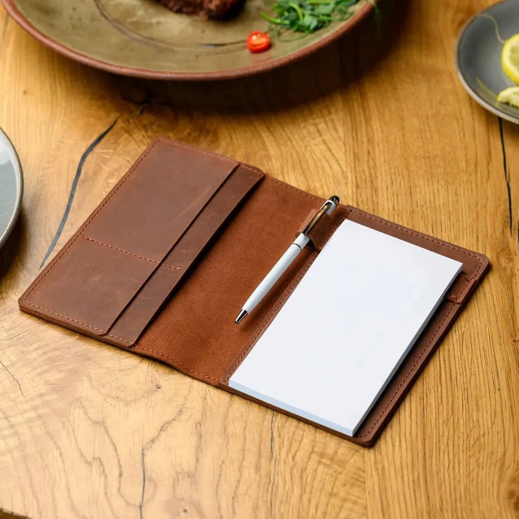 Handcrafted Crazy Horse leather waiter’s notepad with a vintage look, ideal for taking orders and jotting down important notes.