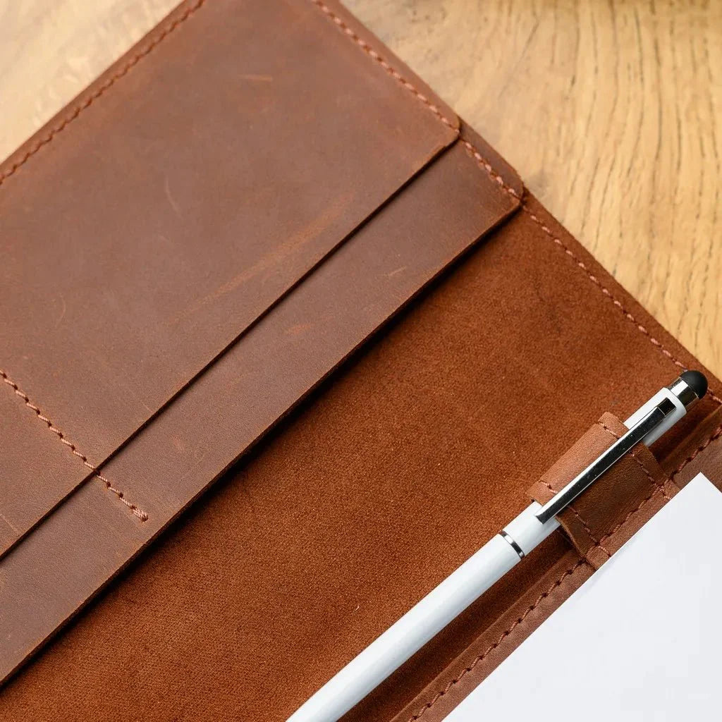Compact and lightweight Crazy Horse leather waiter’s notebook, perfect for keeping orders and receipts organized during shifts.