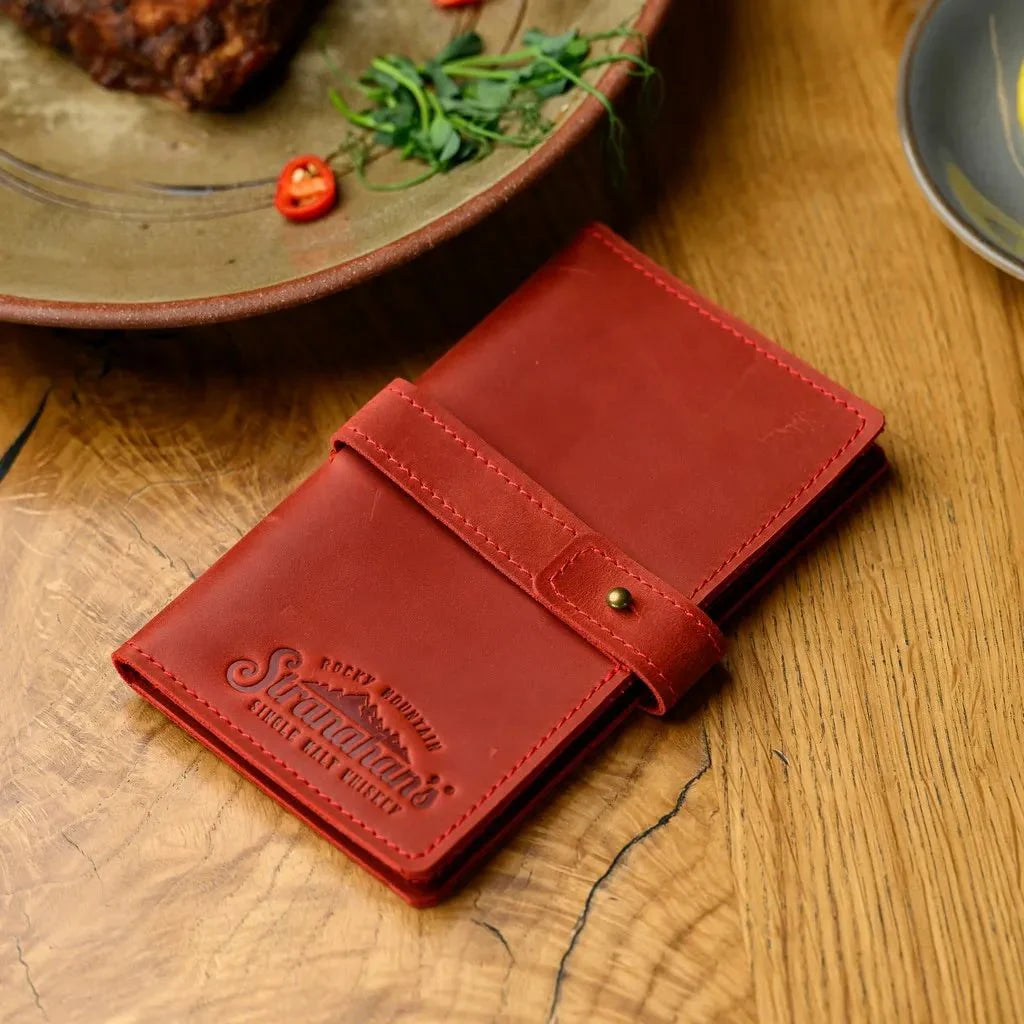 Handcrafted Crazy Horse leather notebook for waiters, featuring a rustic vintage design and a secure closure to protect important notes and orders.