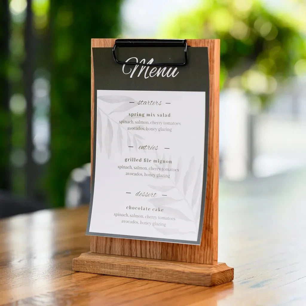 Oak Table Stand Menu Holder with black binder (TT407A5) - inkohoreca - shop