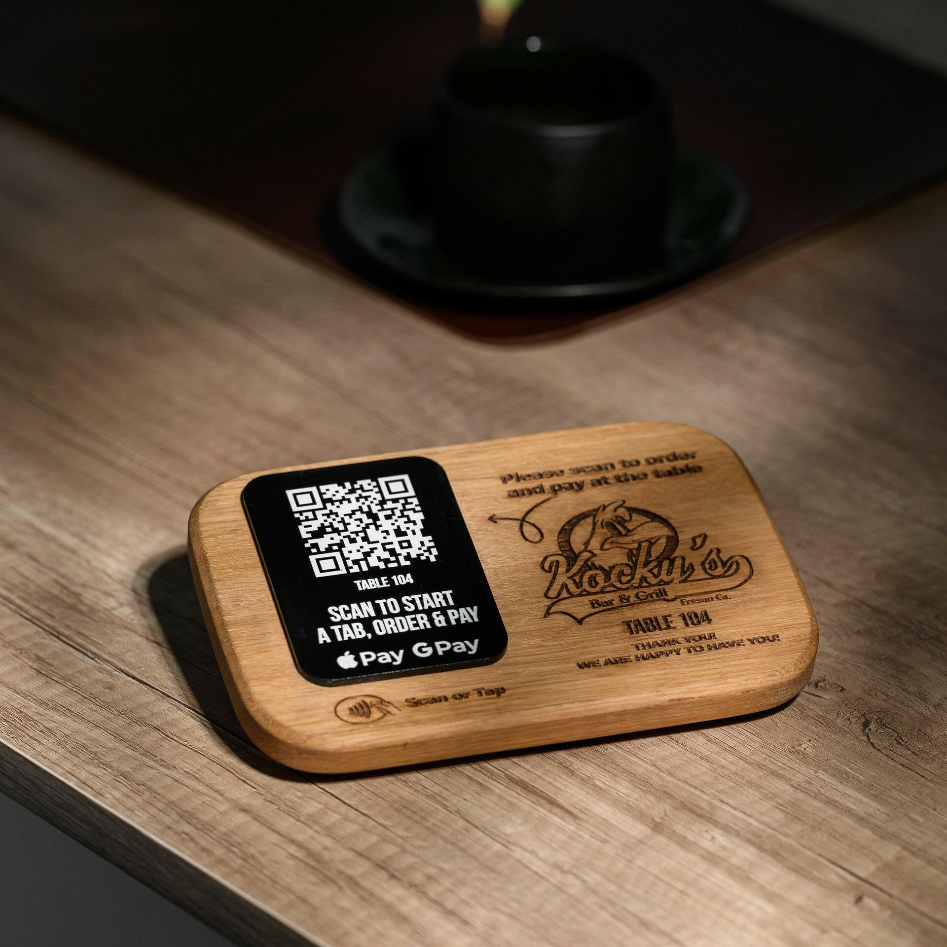 QR Menu Sign on Acrylic Tablet and Oaken base (QW01) - inkohoreca - shop