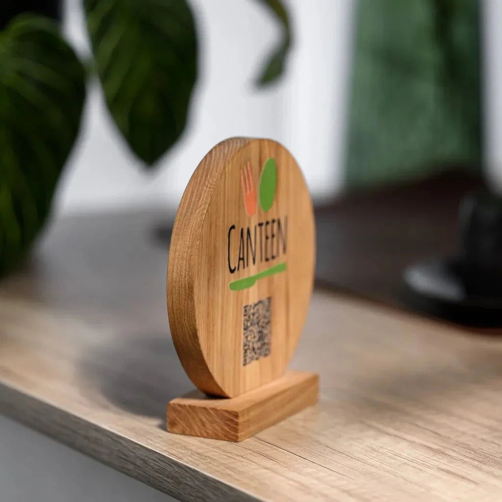 QR Menu Sign Printed on Round Oak Stand (QW03V2) - inkohoreca - shop