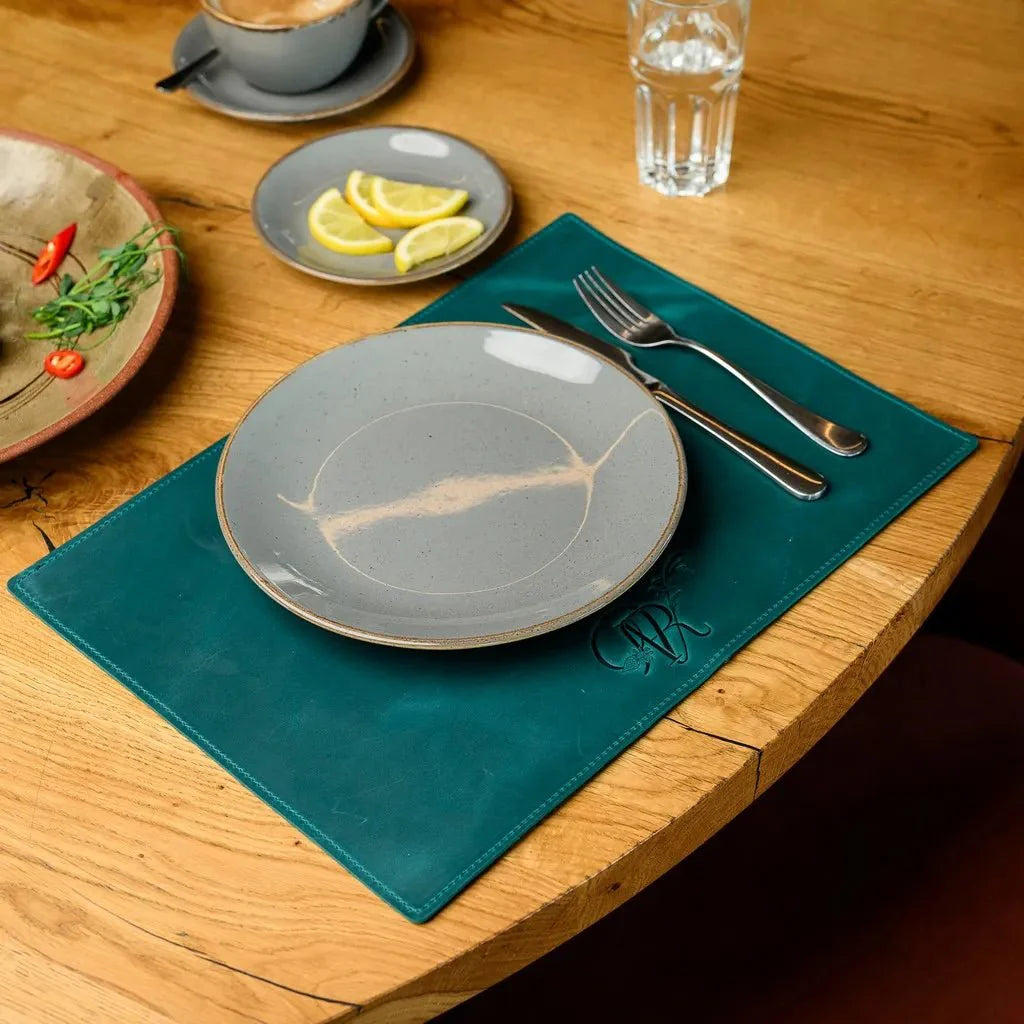 Rectangular Crazy Horse leather placemat with customizable debossing, perfect for adding a personal touch to dining or office spaces.