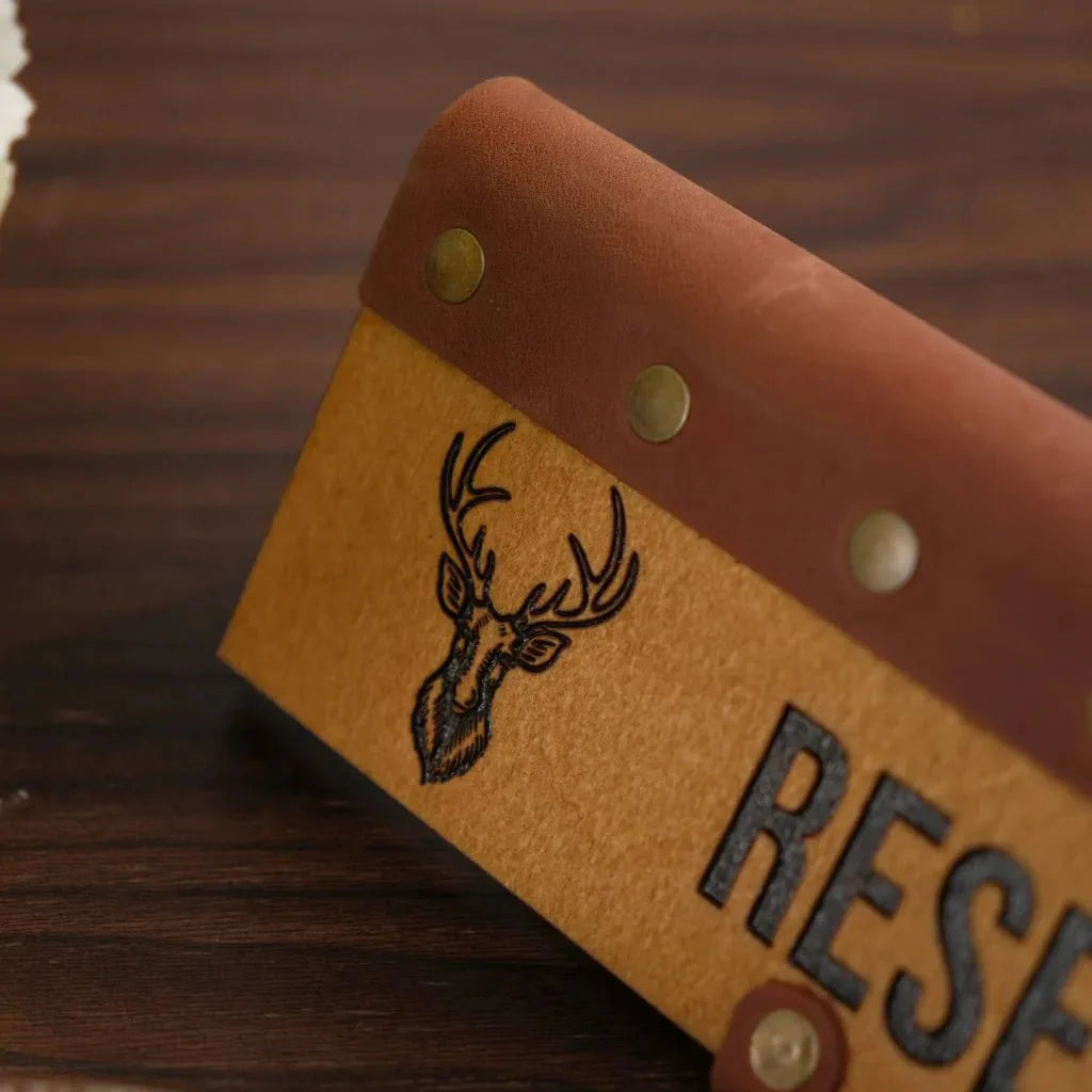 Luxury wooden tabletop reserve plate with a sophisticated design.