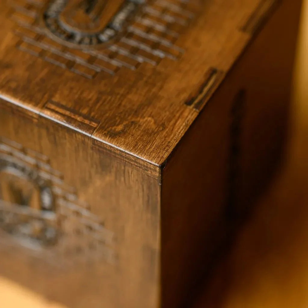 Elegant wooden tabletop reserve plate for an upscale dining experience.