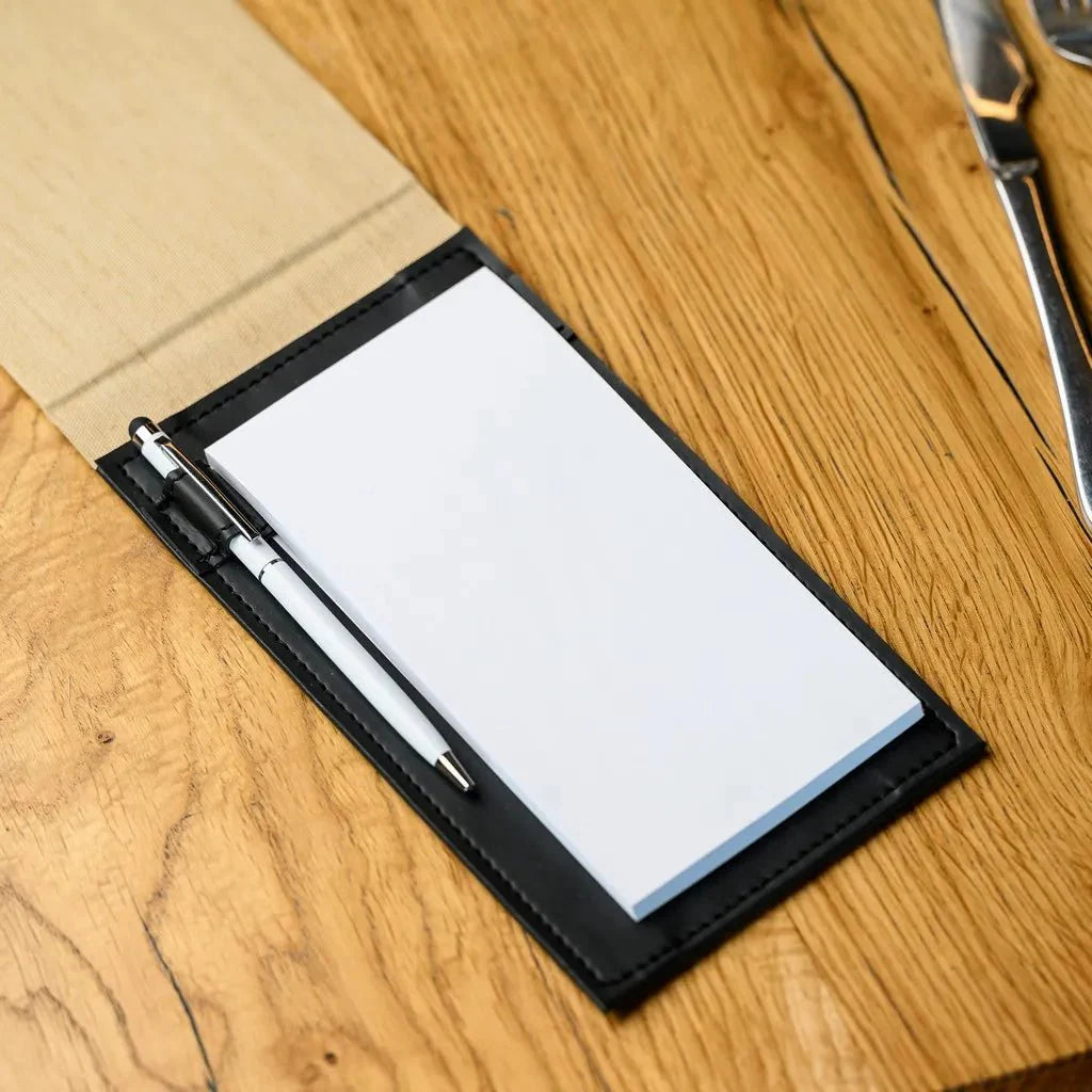 Durable Textile Notebook with a hardcover back, providing waiters with an efficient tool for managing tasks, jotting down orders, and staying organized during fast-paced service shifts.