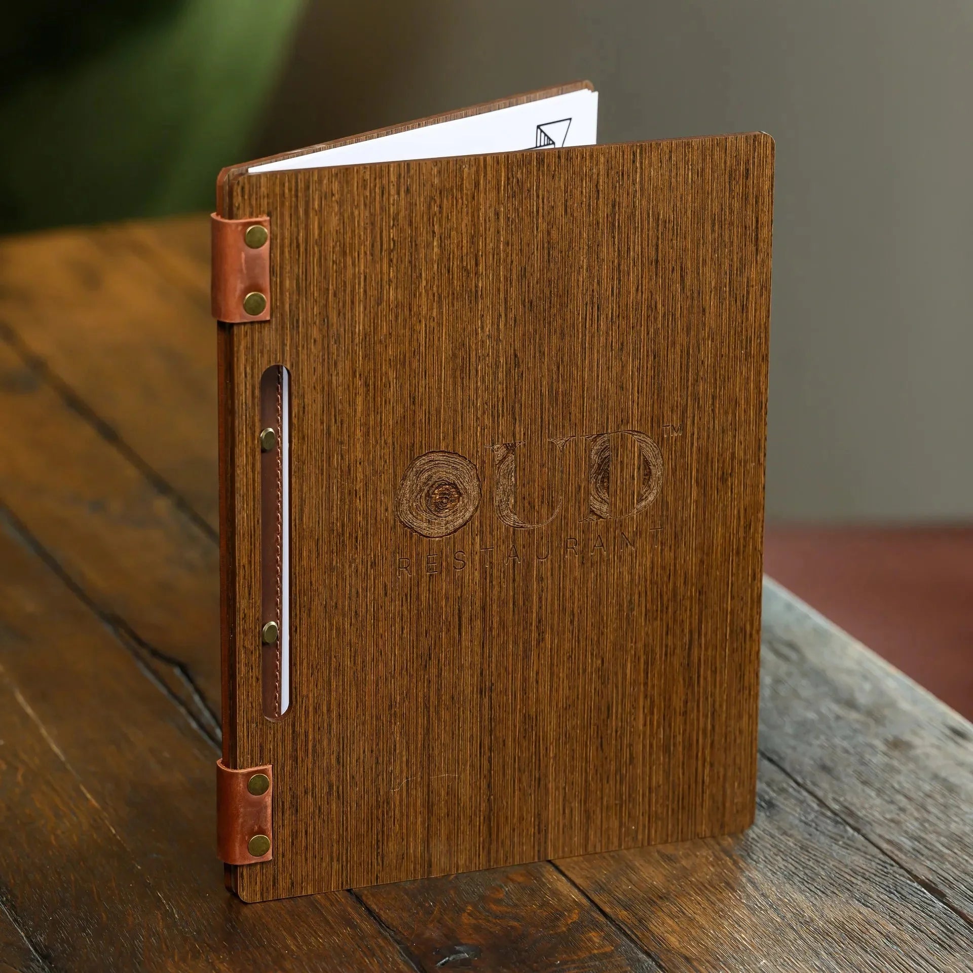 Veneered HDF Menu Hardcover Folder in Dark Walnut Colour - inkohoreca - shop