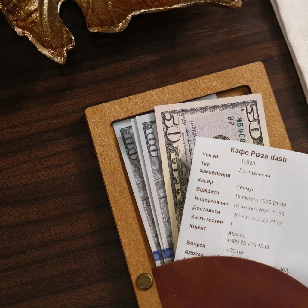 Rustic wooden check holder designed for an organic feel.